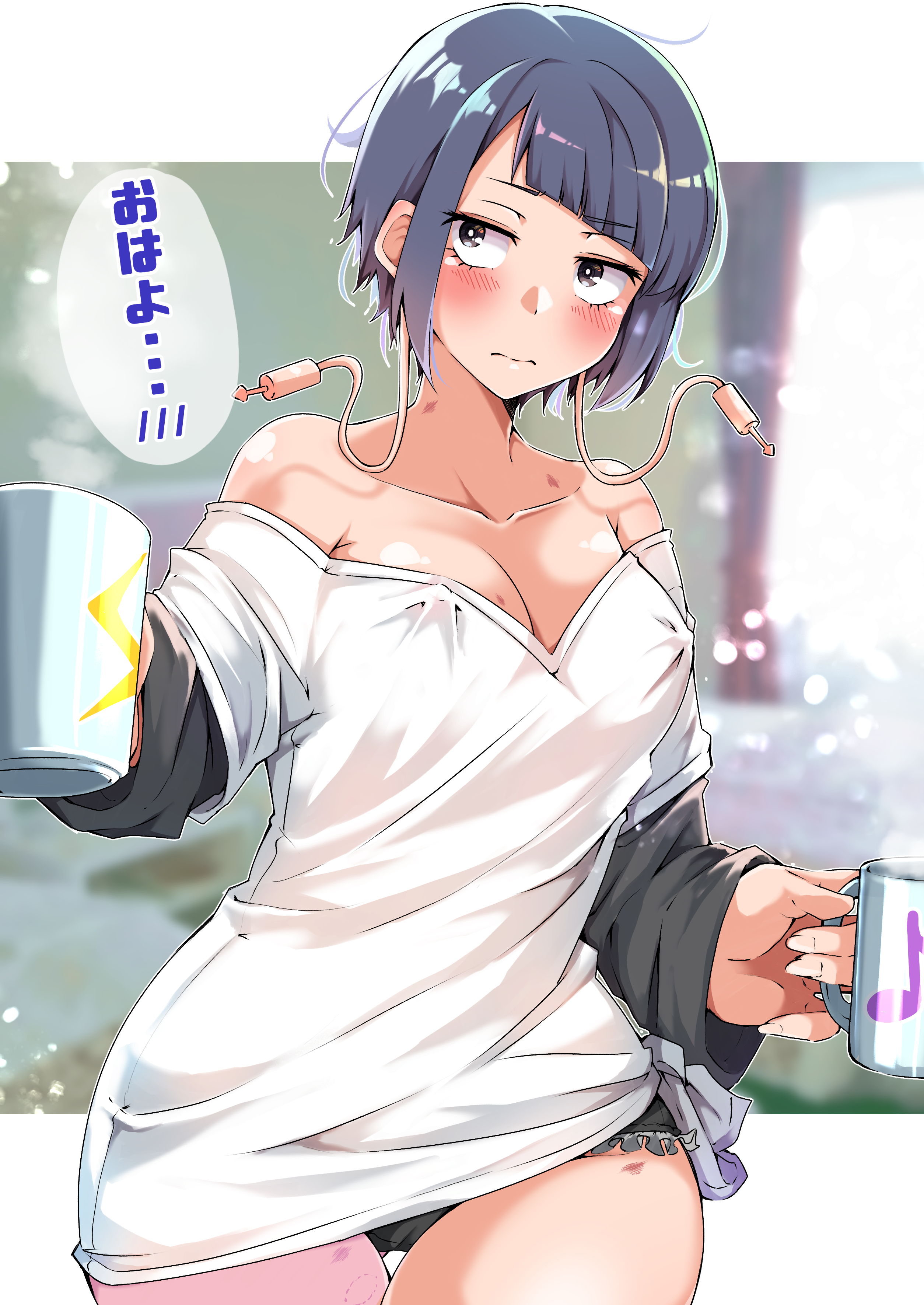 1girls, athletic, athletic female, bare shoulders, bite mark, breasts, busty, cameltoe, cleavage, erect nipples, female, female focus, female only, hourglass figure, kyoka jiro, loose clothes, medium breasts, my hero academia, nipple bulge, nipples, panties, purple hair, purple-haired female, pussy, shinonome mozuku, short hair, solo, standing, tagme, text, tomboy, translation request, wide hips