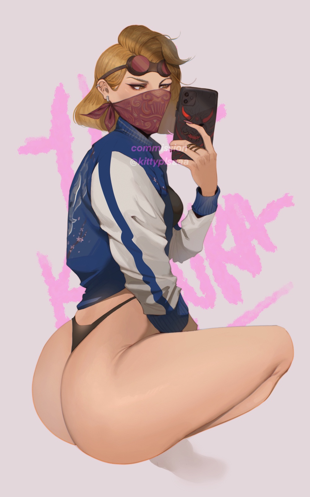 1girls, 2021, 2d, ass, bandana, big ass, black thong, blonde hair, dbd, dead by daylight, female, female only, goggles, iphone 12, jacket, kittyplsaaa, light skin, light-skinned female, mirror selfie, no pants, selfie, thighs, thong, yui kimura
