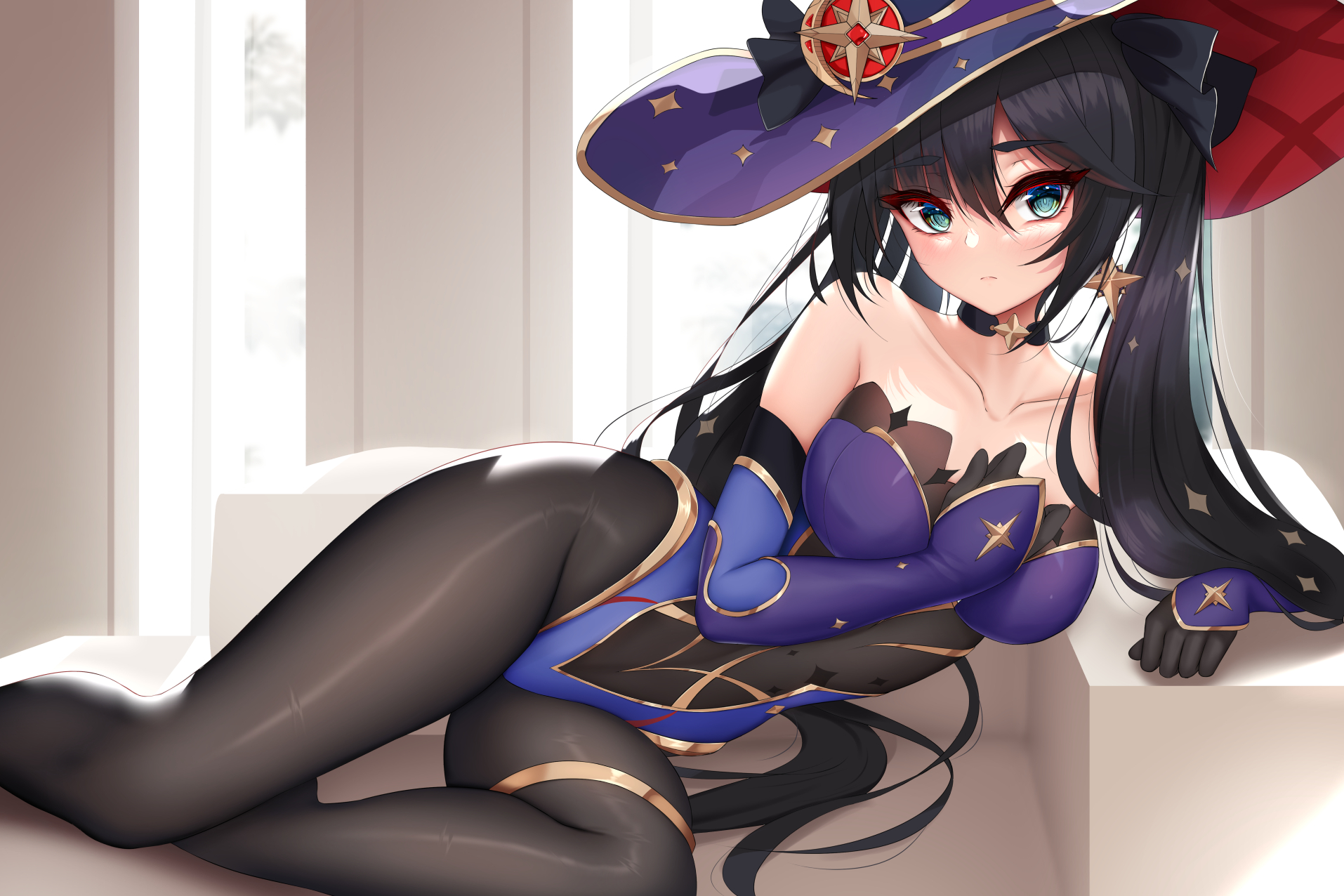 1girls, black hair, blue eyes, collarbone, damao yu, female, female only, genshin impact, gloves, hat, leotard, long hair, looking at viewer, mona (genshin impact), pantyhose, solo, solo female, thick thighs, thighs, twintails
