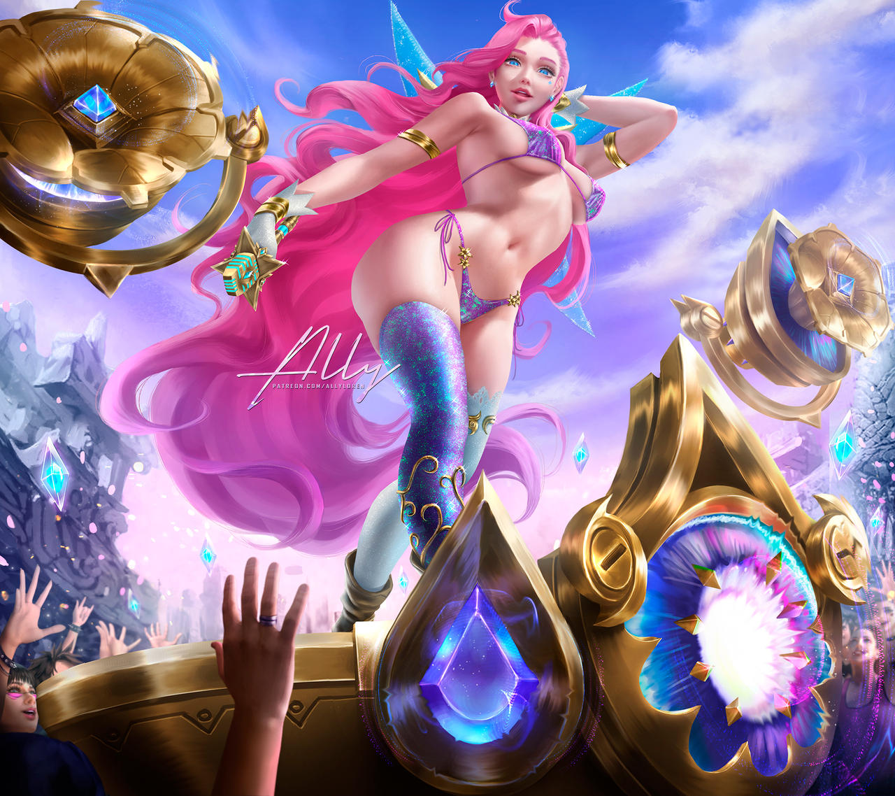 1girls, ally loren, bikini, breasts, female, female only, gloves, large breasts, league of legends, pink hair, realistic, seraphine (league of legends), thighhighs, viewed from below