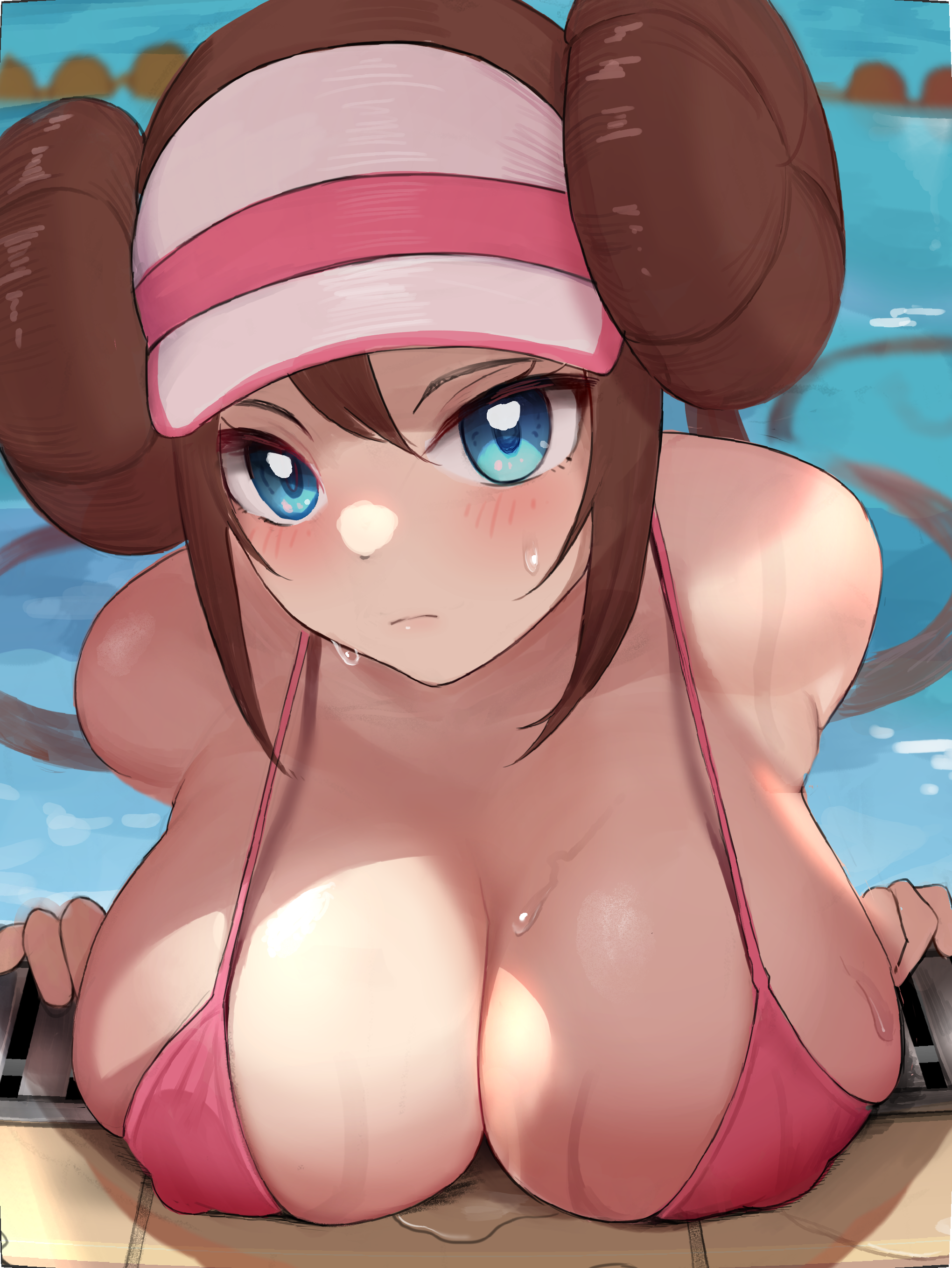 1girls, 2021, alternate breast size, big eyes, bikini, bikini top, blue eyes, blush, breasts, brown hair, female, female focus, female only, gatchan, hat, hi res, huge breasts, large filesize, long hair, looking at viewer, nintendo, pink bikini, pokemon, pokemon bw2, pool, poolside, rosa (pokemon), twin buns, twintails, visor, visor cap, water, wet, wet body, wet breasts, white hat