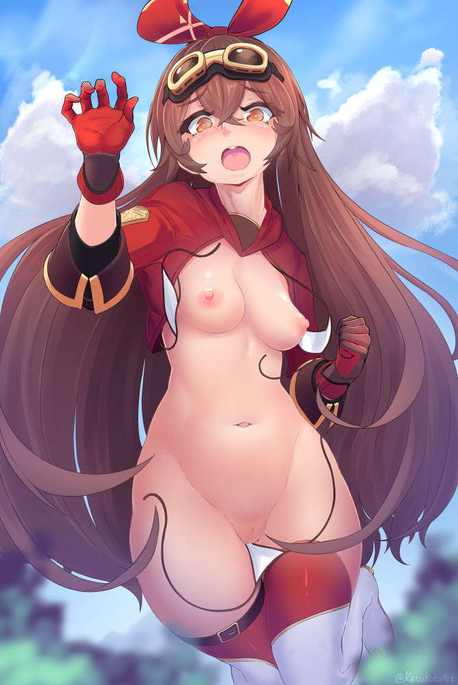 amber (genshin impact), areolae, bangs, bikini, blue sky, blush, breasts, brown eyes, brown gloves, brown hair, censored, crossed bangs, erect nipples, female, genshin impact, gloves, goggles, goggles on head, hair ribbon, kazu-koto, long hair, looking at viewer, medium breasts, mosaic censoring, nipples, open mouth, red gloves, red ribbon, ribbon, shrug (clothing), sky, solo, swimsuit, thighhighs, thighs, tongue, untied, untied bikini, white bikini, wide hips