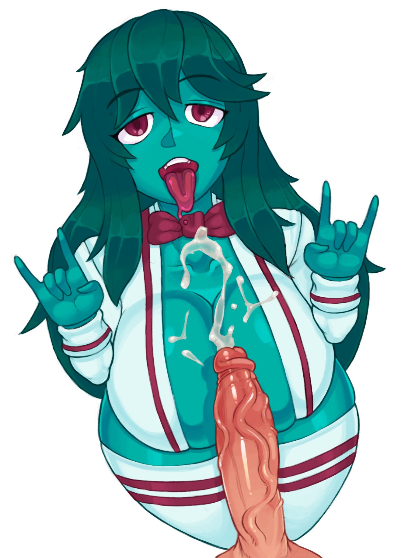1boy, 1girls, ahe gao, algo original, big breasts, big penis, blue skin, breasts, cleavage, cum on breasts, cumshot, female, green hair, green skin, green-skinned female, huge breasts, huge cock, light skin, light-skinned male, looking at viewer, male, mostly clothed, no bra, oc, original, original character, penis, simple background, solaris (grenshew), thick thighs, tongue, tongue out, uncensored, unseen male face