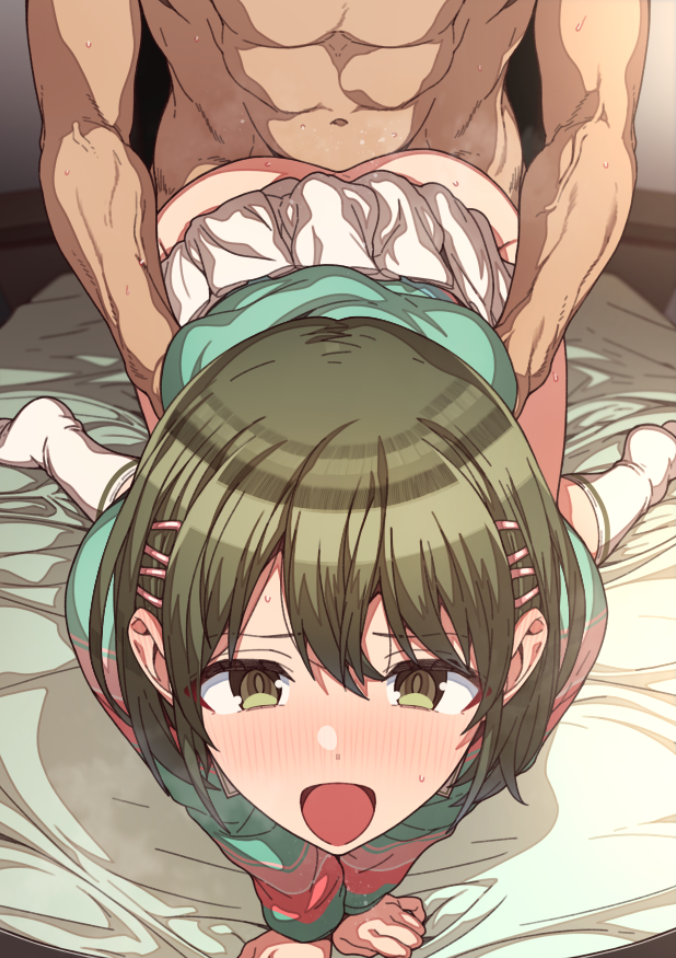 1boy :o all_fours aqua_shirt arm_support ass bangs bed_sheet blush bob_cut clothes_lift commentary doggy_style erere female foreshortening green_eyes green_hair hair_between_eyes hair_ornament hairclip hands_on_another's_waist idolmaster idolmaster_shiny_colors looking_ahead nanakusa_nichika no_panties nose_blush on_bed open_mouth own_hands_together pink_shirt sex sex_from_behind shirt short_hair skirt skirt_lift socks solo_focus striped striped_shirt white_legwear white_skirt