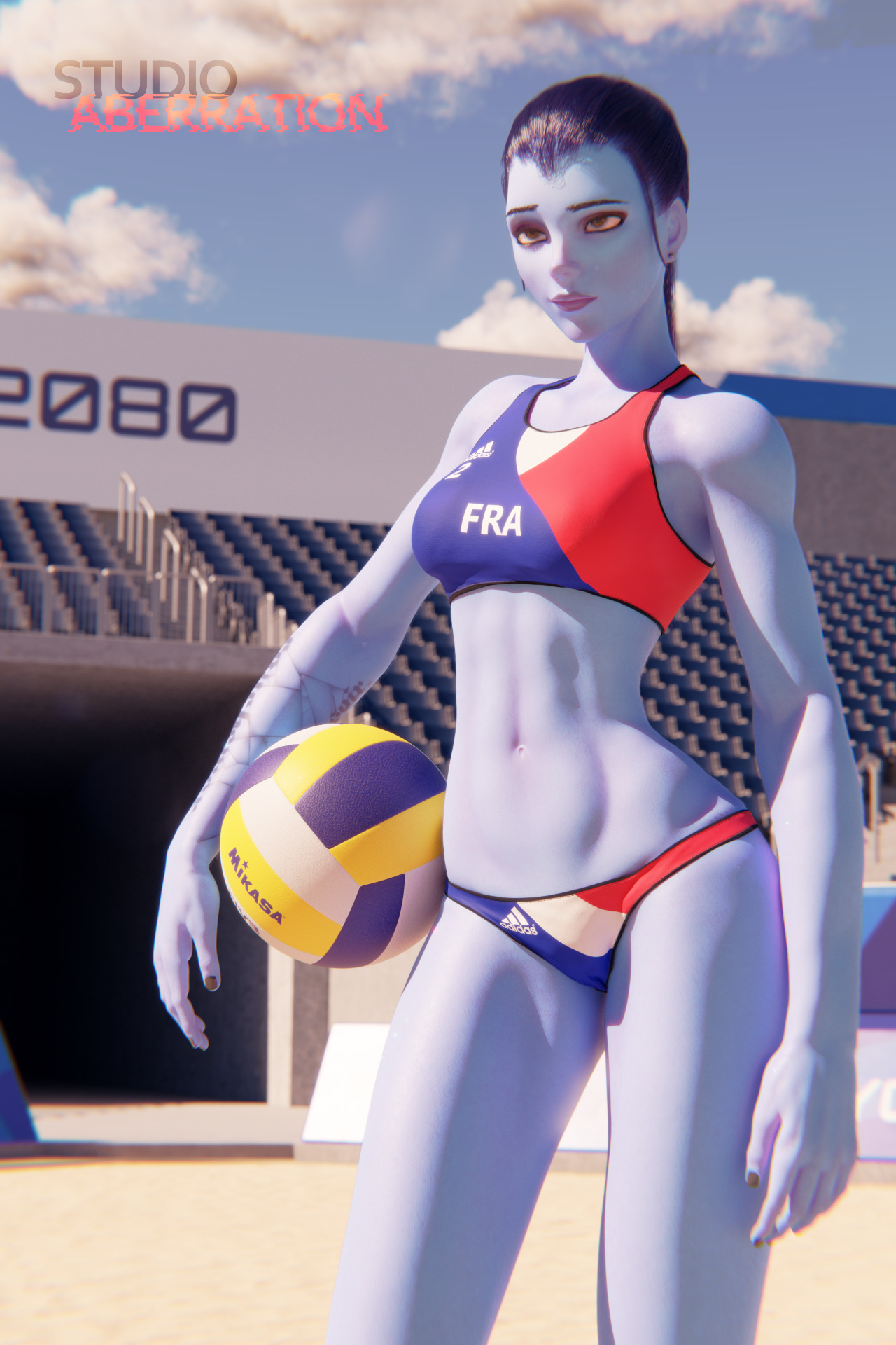 1girls, 3d, abs, adidas, athletic, athletic female, ball (object), beach, belly, belly button, blizzard entertainment, blue skin, bra, female, female focus, female only, french flag, hi res, long hair, midriff, muscular, muscular female, navel, overwatch, panties, ponytail, purple hair, sand, solo, solo female, solo focus, sport, sports bra, sports uniform, sportswear, studioaberration, swimwear, tattoo, volleyball, volleyball uniform, widowmaker, yellow eyes