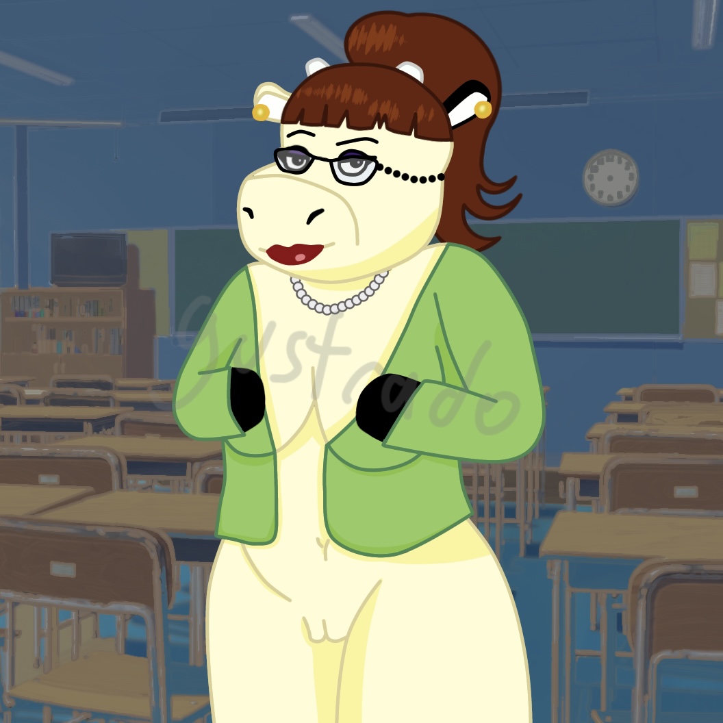 anthro bangs bovine classroom earrings female female_only fringe furry glasses ms._cowoline no_humans no_panties pearl_necklace purple_eyeshadow pussy pussy_lips red_lipstick solo_female suit_jacket teacher undressing watermark webkinz