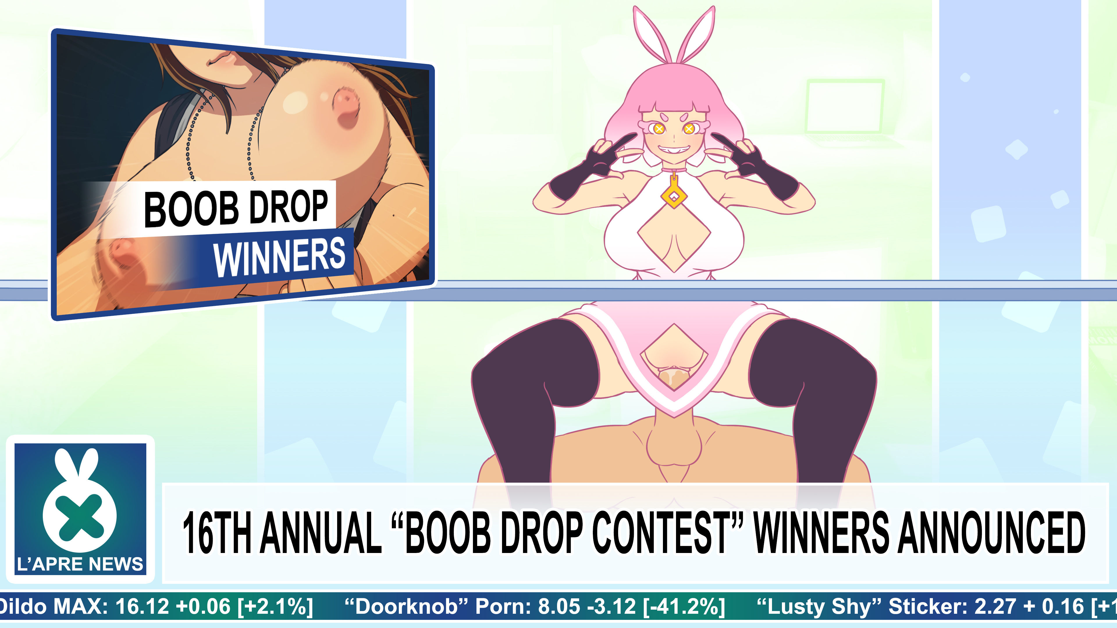 1boy, 1girls, big breasts, breasts, broadcast, casual, casual sex, color, colored, female, human, hypercasual, l'apre (manyakis), male, manyakis, news reporter, original, original character, pale skin, pearl (splatoon), pink hair, public, pussy, sex, sex while reporting, splatoon, stockings, straight, tagme, televised sex, v sign, vaginal, vaginal penetration, yellow eyes