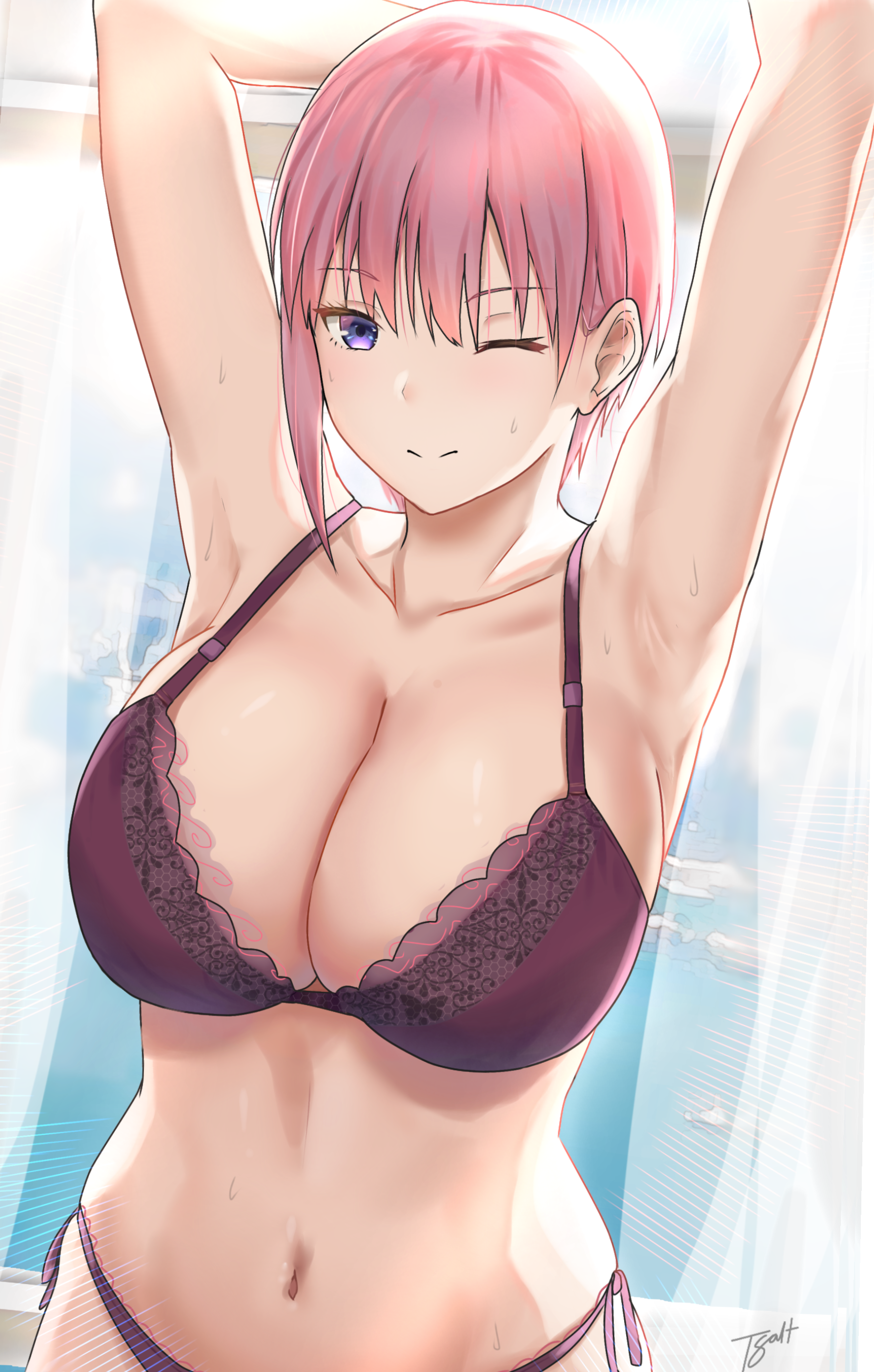 ;), 1girls, 2021, absurdres, armpits, arms up, bangs, bare arms, bare shoulders, belly, bra, breasts, cleavage, collarbone, commentary, covered nipples, female, female focus, female only, go-toubun no hanayome, highres, large breasts, looking at viewer, nakano ichika, navel, one eye closed, panties, pink hair, purple bra, purple eyes, purple panties, purple underwear, short hair, side-tie panties, smile, solo, solo female, solo focus, stomach, tacticsalt, underwear, underwear only, upper body, very short hair