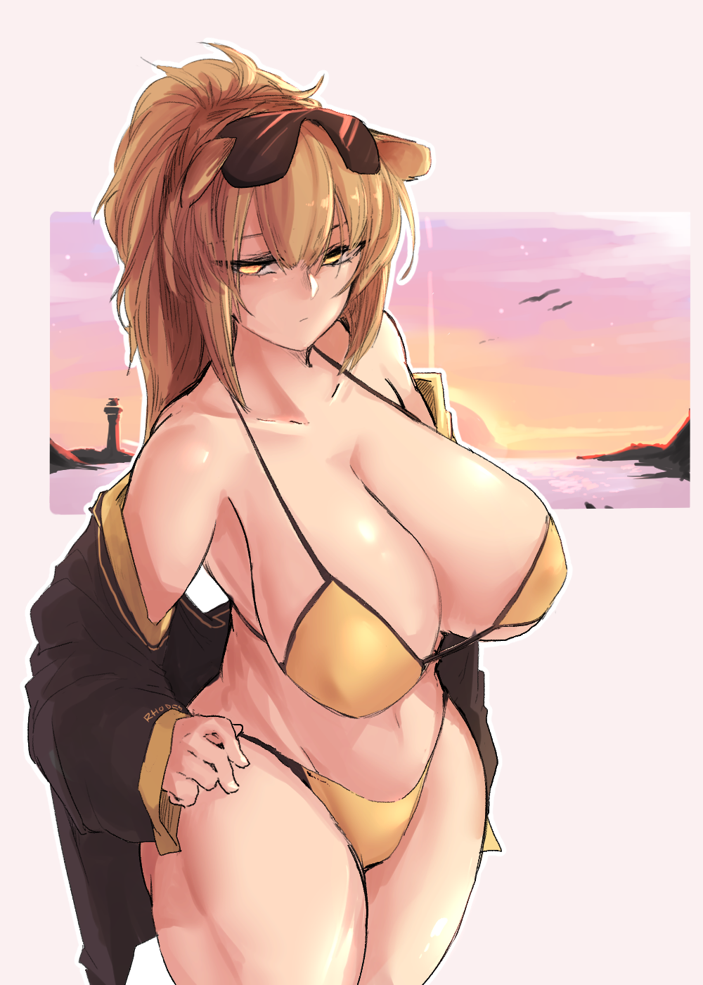 1girls 2poet alternate_breast_size animal animal_ears arknights bangs bare_shoulders bikini bird blonde_hair breasts cleavage covered_nipples covered_pussy eyewear_on_head female female female_focus female_only hand_on_hip highres huge_breasts jacket lighthouse lion_ears long_hair navel off_shoulder ponytail siege_(arknights) solo solo_female solo_focus sunglasses sunset swimsuit yellow_bikini yellow_bikini_bottom yellow_bikini_top yellow_eyes