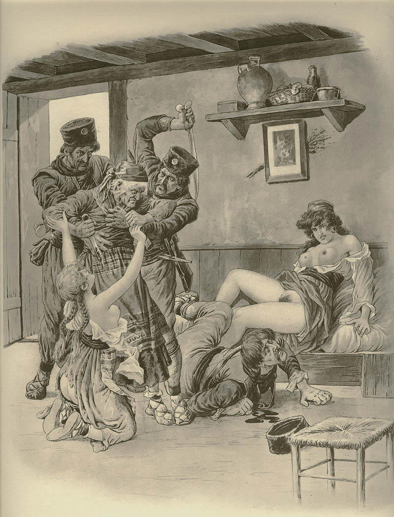 3boys 3girls art blood clothed_male_nude_female fine_art functionally_nude_female gottfried_sieben historical indoors mass_rape monochrome nipples nude_female_clothed_male public_domain rape soldier spoils_of_war straight_hair tagme violence