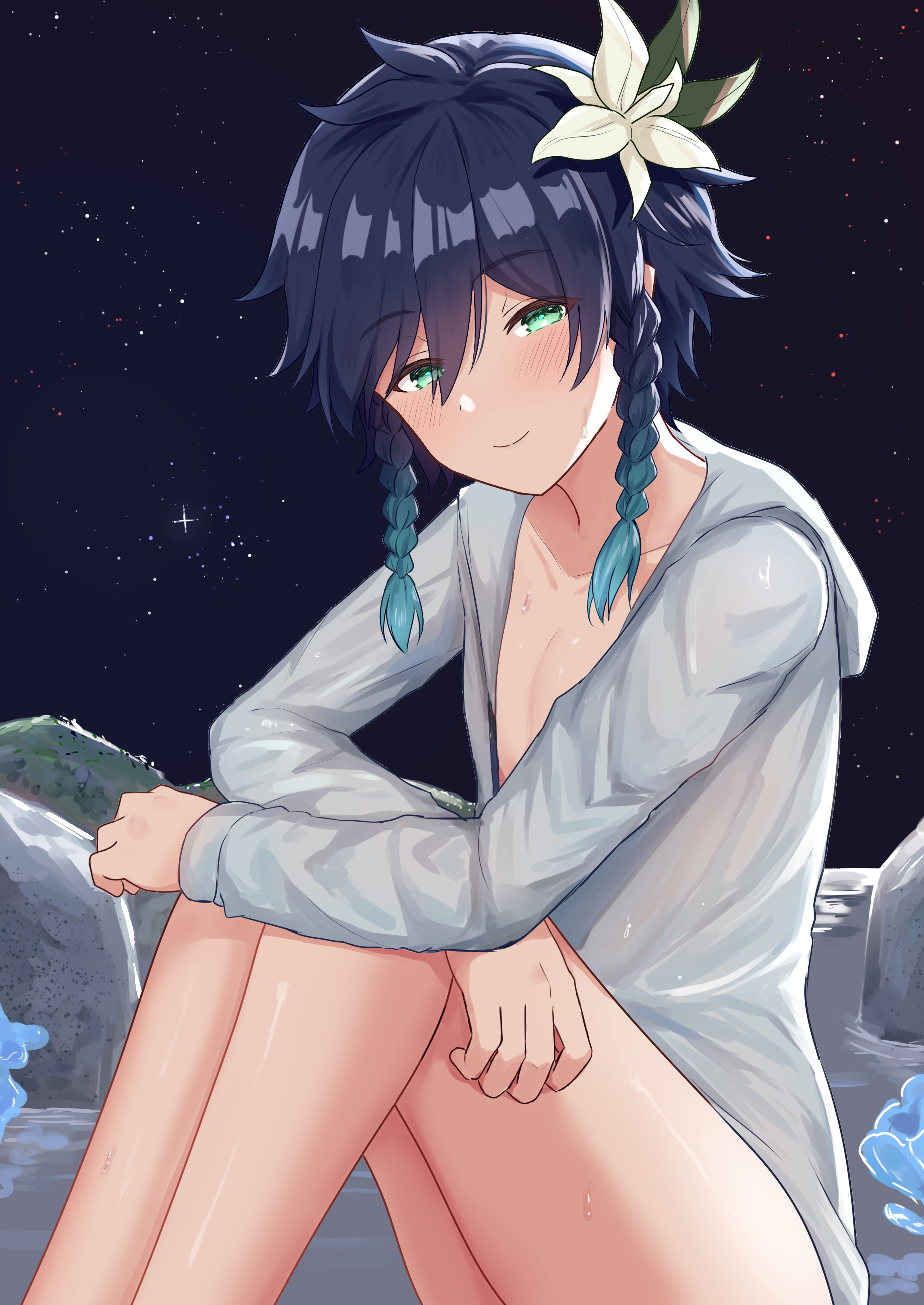 1boy, femboy, genshin impact, male, male only, open shirt, pantless, pantsless, shirt open, smug face, solo, solo male, venti (genshin impact)