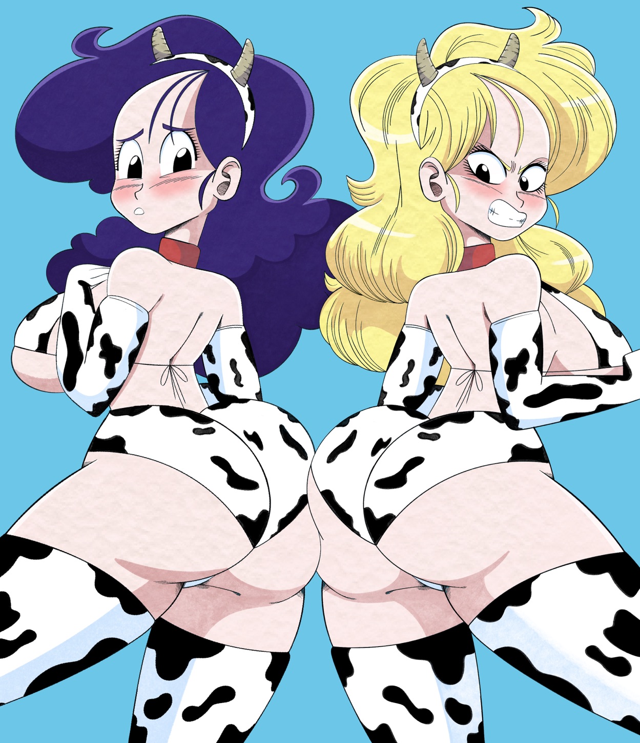 2021, 2girls, ass, big ass, big breasts, blush, breasts, codykins123, cow ears, cow girl, cow print, dragon ball, embarrassed, embarrassed nude female, female, female only, good launch, huge breasts, launch, low-angle view, multiple females, multiple girls, rear view, shounen jump, thick thighs, year of the ox