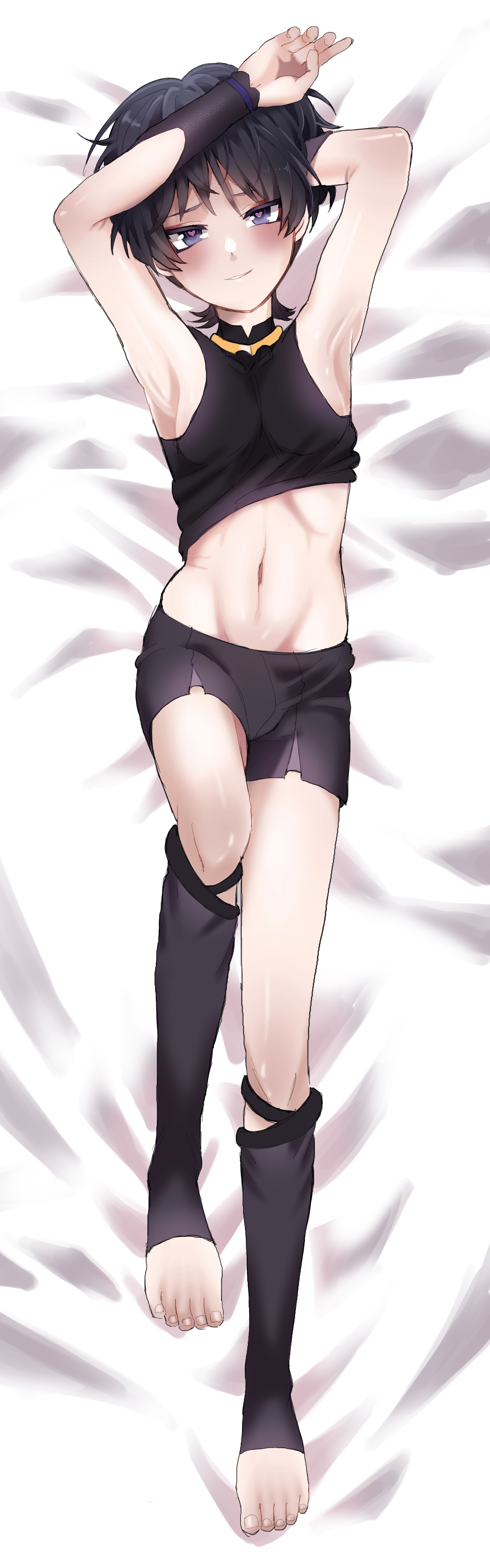 1boy, adult, black legwear, black shorts, black tank top, bodypillow, dakimakura, dakimakura design, feet, femboy, genshin impact, heart-shaped pupils, looking at viewer, male, male only, purple hair, qmrk123, scaramouche (genshin impact), smiling at viewer, smug face, toes