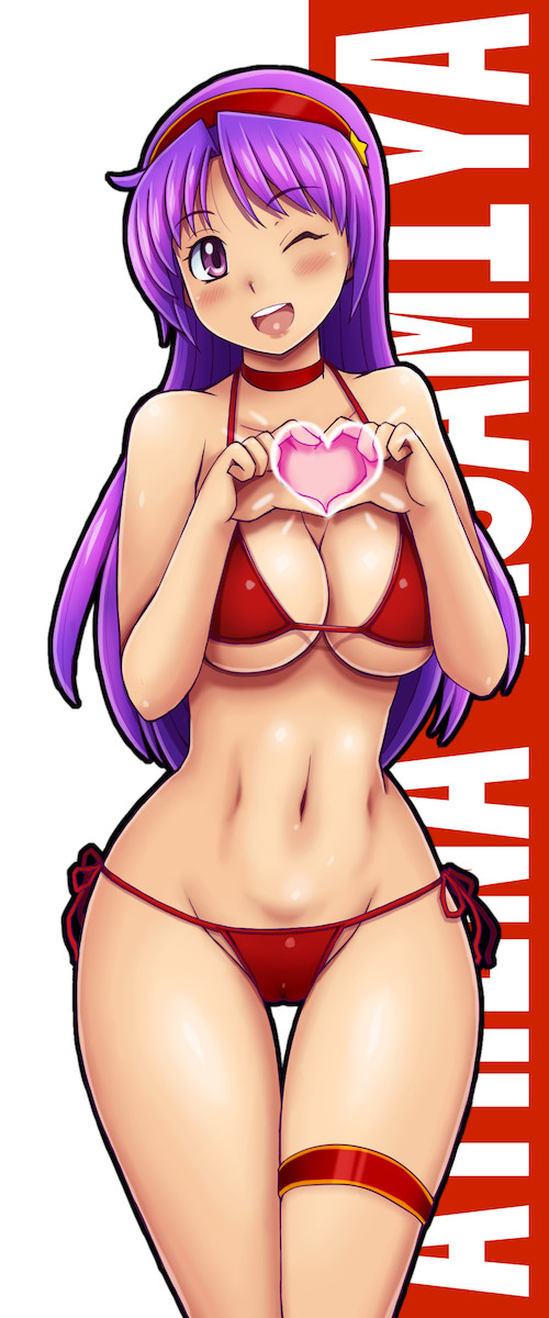 1girls athena_asamiya big_breasts blush breasts busty cameltoe child_bearing_hips choker female female_only hairbow heart king_of_fighters large_breasts lipstick long_hair looking_at_viewer navel one_eye_closed open_mouth psycho_soldier purple_hair red_bikini smile solo thick_thighs tsumitani_daisuke voluptuous wide_hips wink