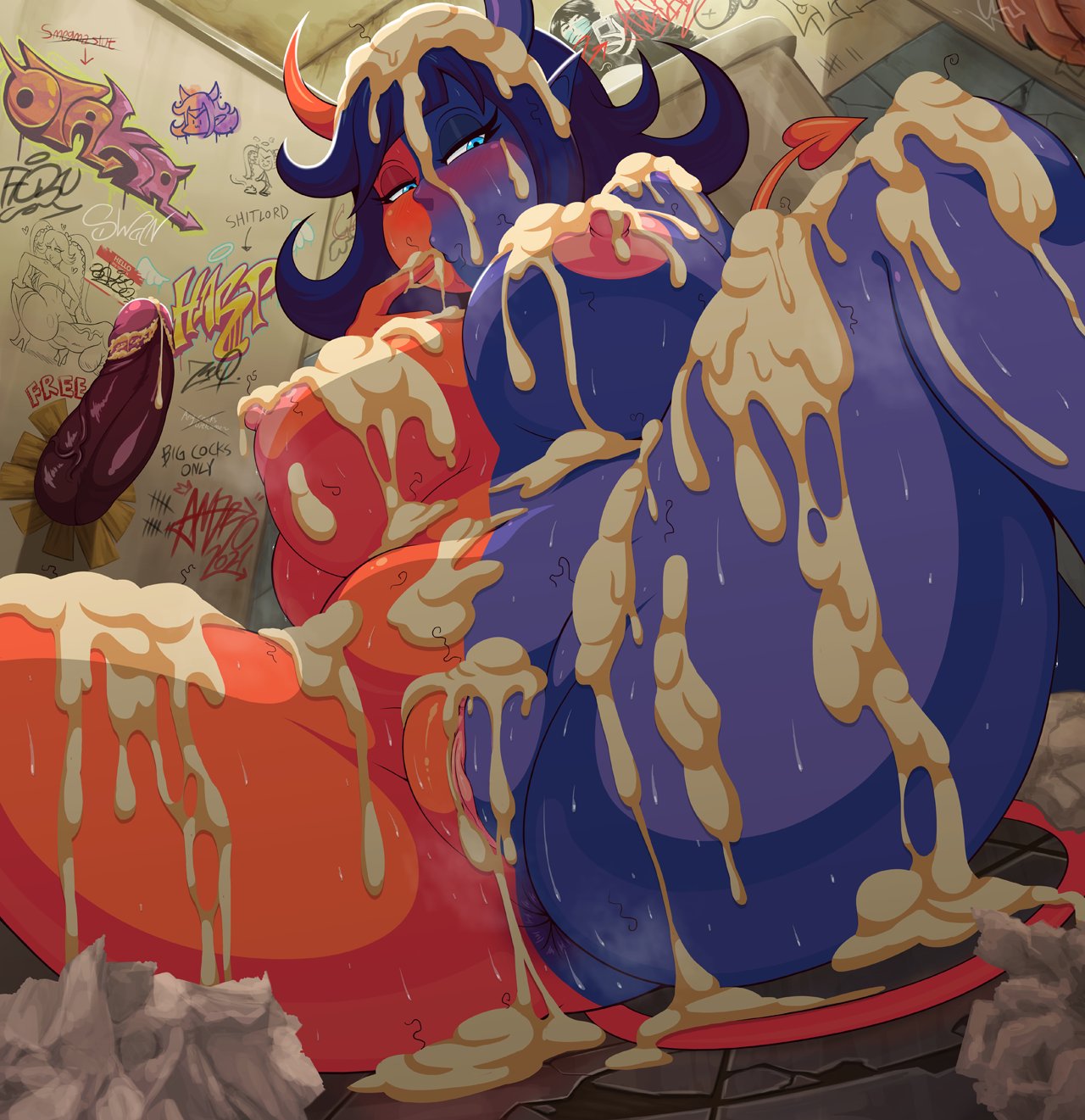 1boy, 1girls, androjuniarto, anus, areolae, big breasts, blush, breasts, chubby, cum, cum all over, cum on body, cum on breasts, cum on face, cum on hair, demon, female, glory hole, large breasts, looking pleasured, male, nipples, pussy, smegma, solo focus, spread legs, stray pubic hair, two-tone skin