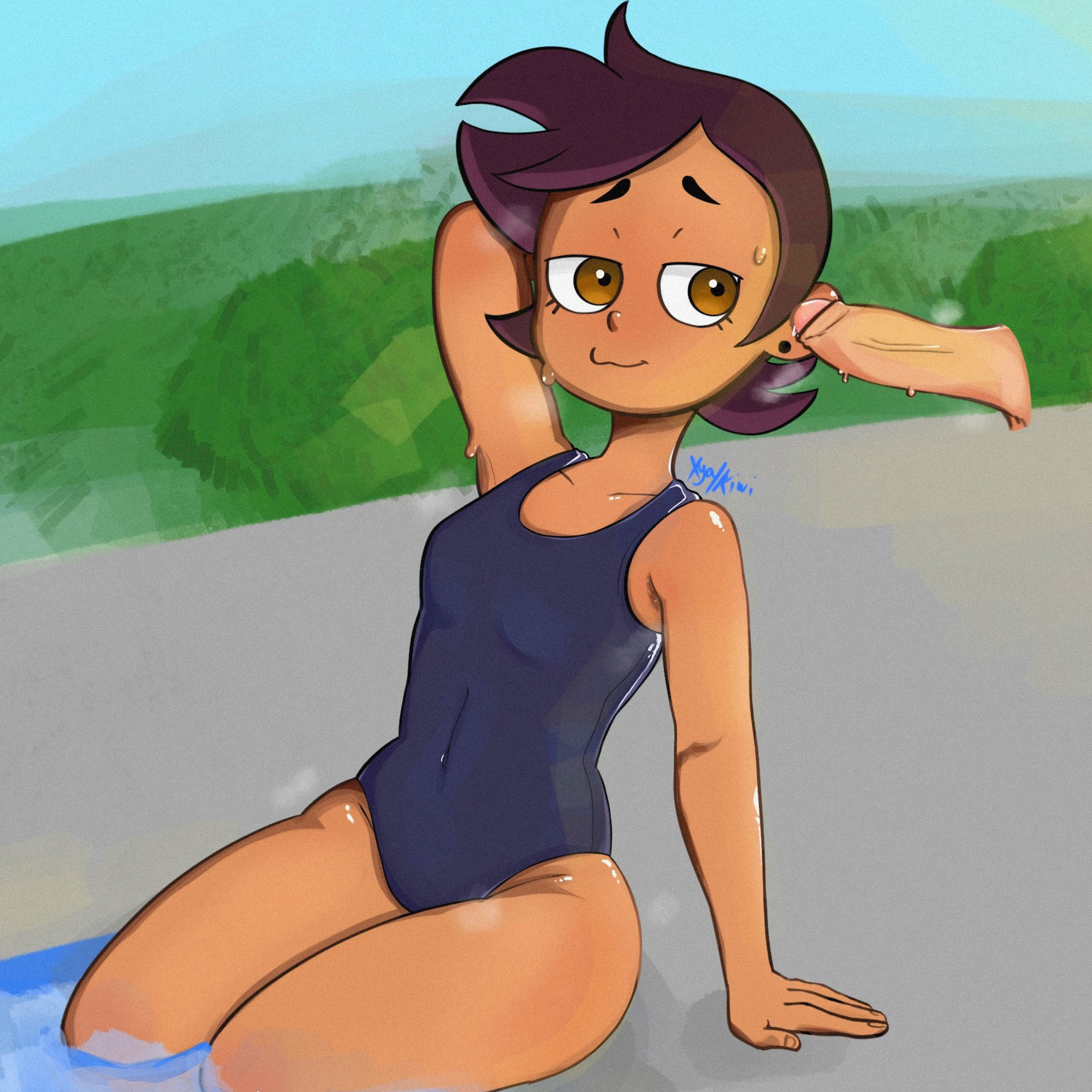 1boy, 1girls, armpits, big penis, breasts, brown eyes, brown hair, clothed, dark hair, dark skin, dark-skinned female, disembodied penis, disney, disney channel, erection, female, half-closed eyes, lesbian, looking at penis, looking pleasured, luz noceda, male, nervous, nervous smile, penis, simple background, sitting, small breasts, steam, steaming body, straight hair, sweat, sweatdrop, swimsuit, tease, teasing, the owl house, xyakiwi