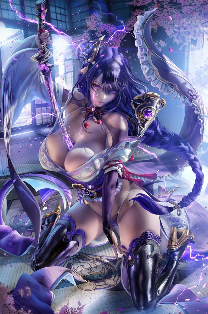1girls, 2021, artist signature, breasts, exposed shoulders, female, female only, genshin impact, hips, holding object, huge breasts, long hair, purple clothing, purple eyes, purple hair, raiden shogun, realistic, sakimichan, slim waist, sword, thick thighs, thigh boots, thighs, very long hair, watermark, weapon, wide hips