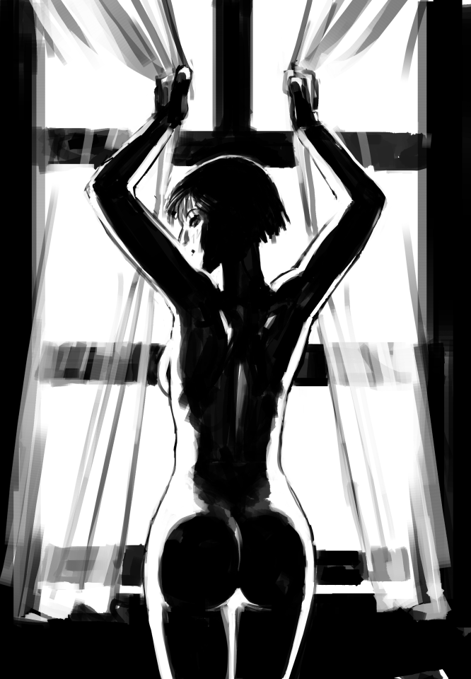 1girls artistic artistic_nude ass au_(artist) back_view black_and_white black_hair bob_cut boli-blog curtains dat_ass female female_only looking_back monochrome naked naked_female natalia_(au) nude nude_female short_hair solo window