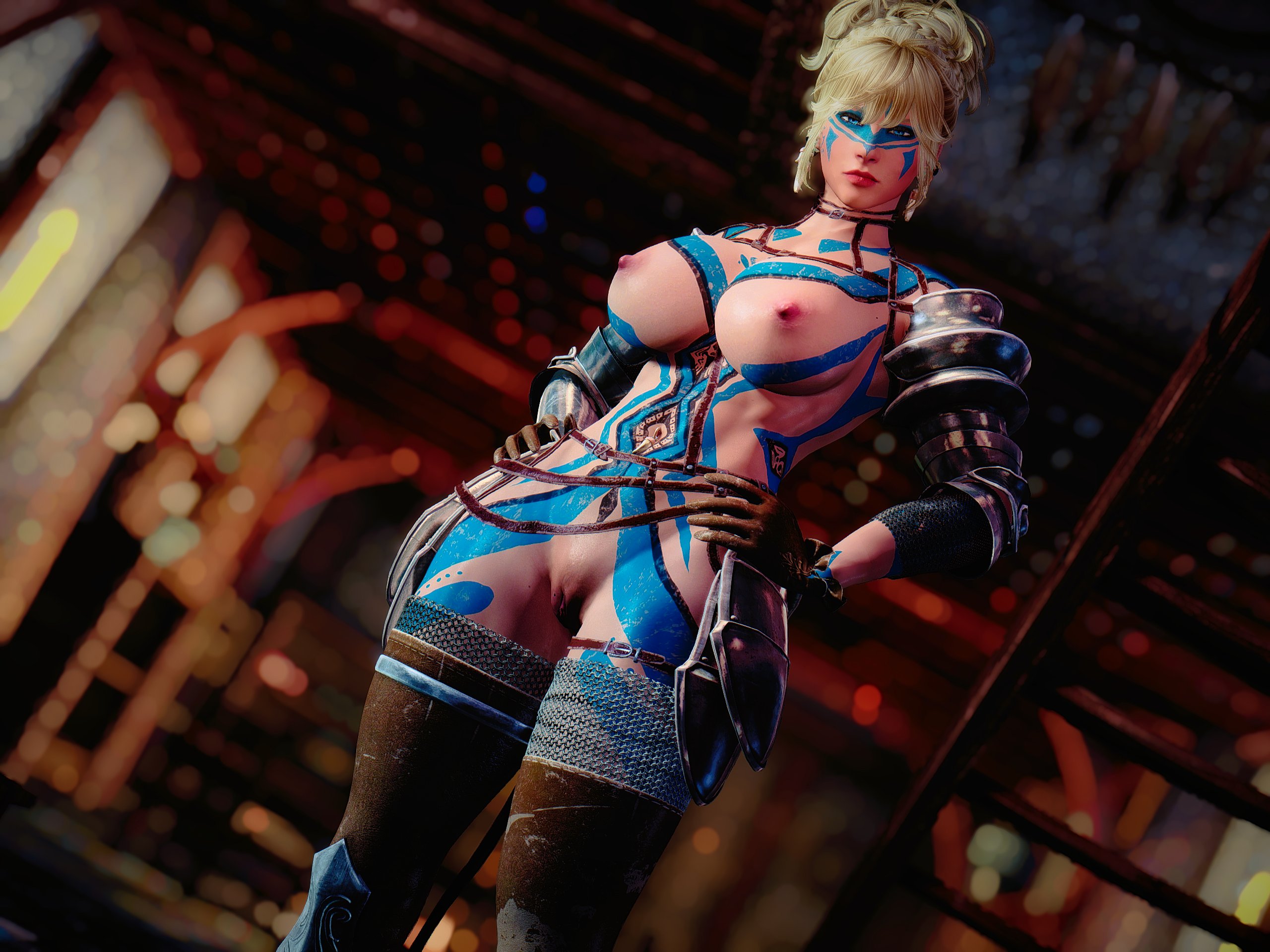 1girls, 3d, alternate version at source, areola, big breasts, blonde hair, blue paint, blue tattoo, bodypaint, breasts, brown gloves, brown thighhighs, diamondbackviii, face markings, female, female only, functionally nude, gloves, hands on hips, hips, leather gloves, leather straps, light skin, light-skinned female, nipples, nude, nude female, pale skin, pale-skinned female, pauldrons, perky breasts, pink areola, pink nipples, plump labia, pussy, screenshot, skimpy armor, skyrim, small areola, small nipples, solo female, standing, standing over viewer, tattoo on belly, tattoo on chest, tattoo on thigh, the elder scrolls, thighhighs, tribal, tribal markings, tribal tattoo, twitter username, unconvincing armor, warrior