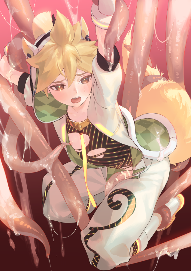 blonde_hair blue_eyes clothing kagamine_len male_only male_penetrating naoconococo nipples playing_with_nipple taking_clothes_off tentacle tentacle_sex vocaloid