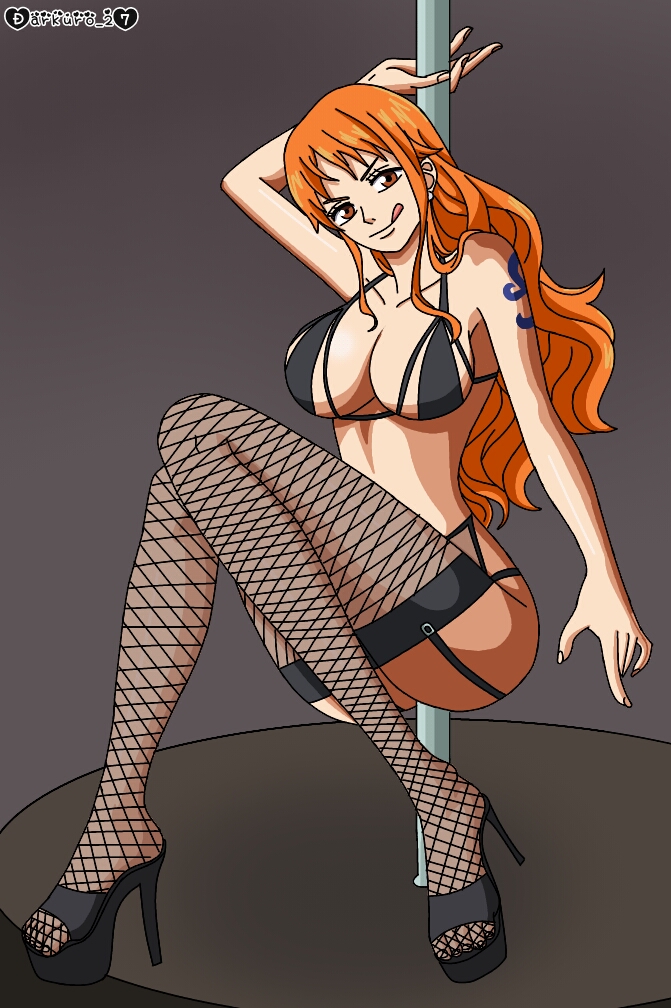 1girls, arm tattoo, black bikini, blue tattoo, breasts, brown eyes, clothing, darkuro 27, female, female only, fishnets, high heels, large breasts, looking at viewer, nami (one piece), one piece, orange hair, orange-haired female, pole, pole dancing, smile, solo, stripper heels, tattoo, tongue
