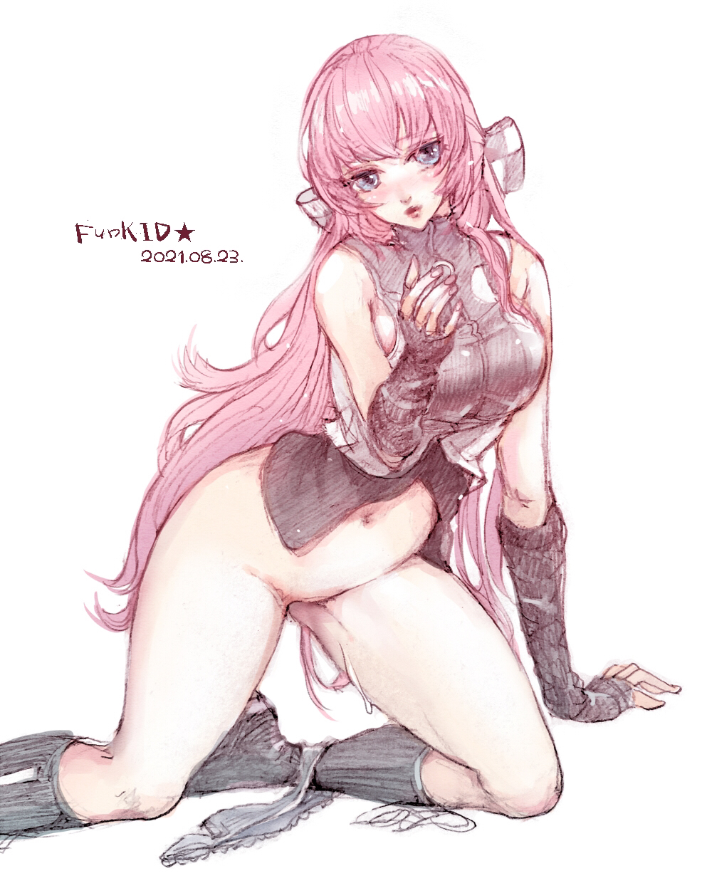 blue_eyes breasts clothed_breasts funkid_0103 megurine_luka pantless pantsless pink_hair project_diva project_diva_(series) thick_thighs vocaloid wet wet_pussy