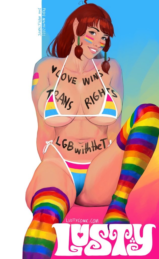 1girls 2021 bikini body_writing dan_mapplethorpe danmapp elf huge_breasts lgbt_pride_colors lusty_the_elf original original_character pansexual_pride_colors rainbow_socks tagme voluptuous