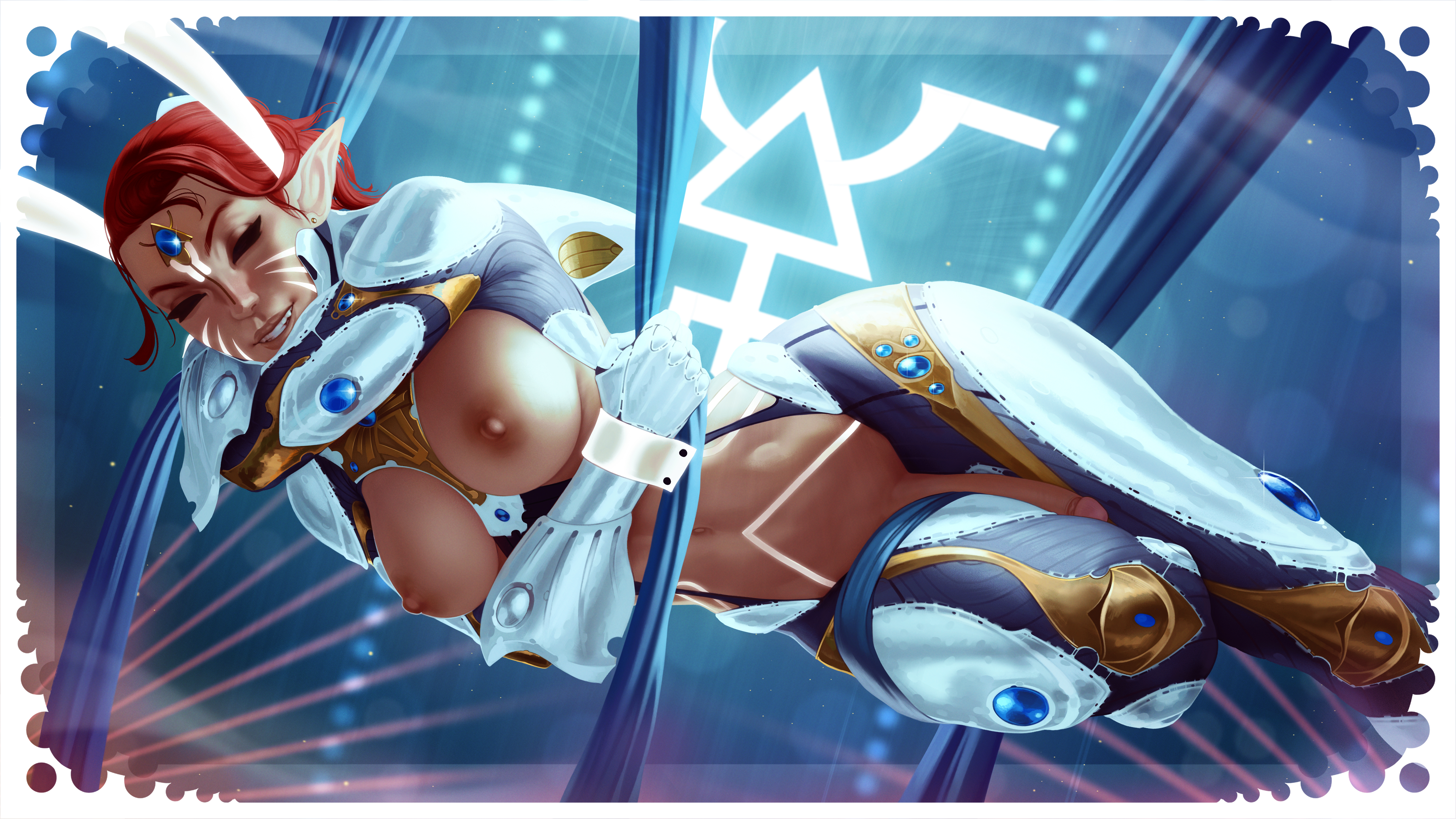 1futa, aeldari, areolae, armor, big penis, body markings, breasts, clothed, clothing, eldar, functionally nude, futa only, futanari, human, intersex, light skin, light-skinned futa, oral, pale skin, partially clothed, penis, realistic, red hair, shadow spectre, solo, themaestronoob, warhammer (franchise), warhammer 40k, wide hips