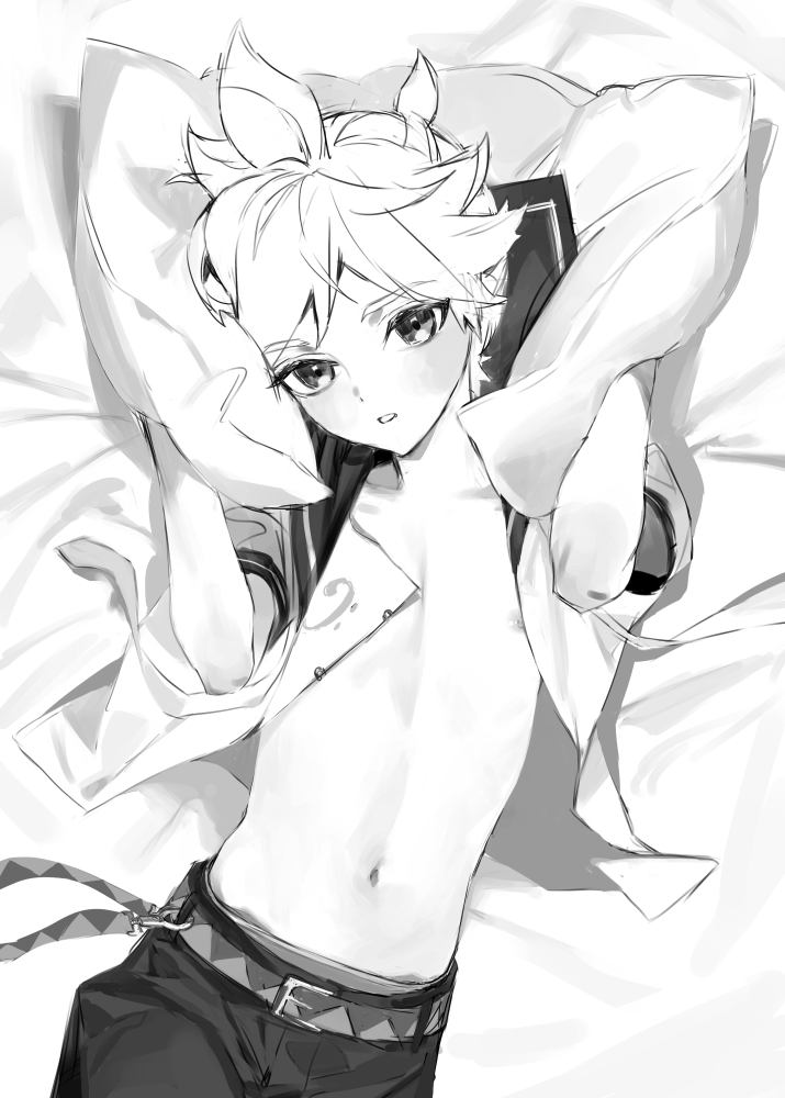 1boy clothing dakimakura dakimakura_design kagamine_len male_only monochrome naoconococo nipples twink vocaloid