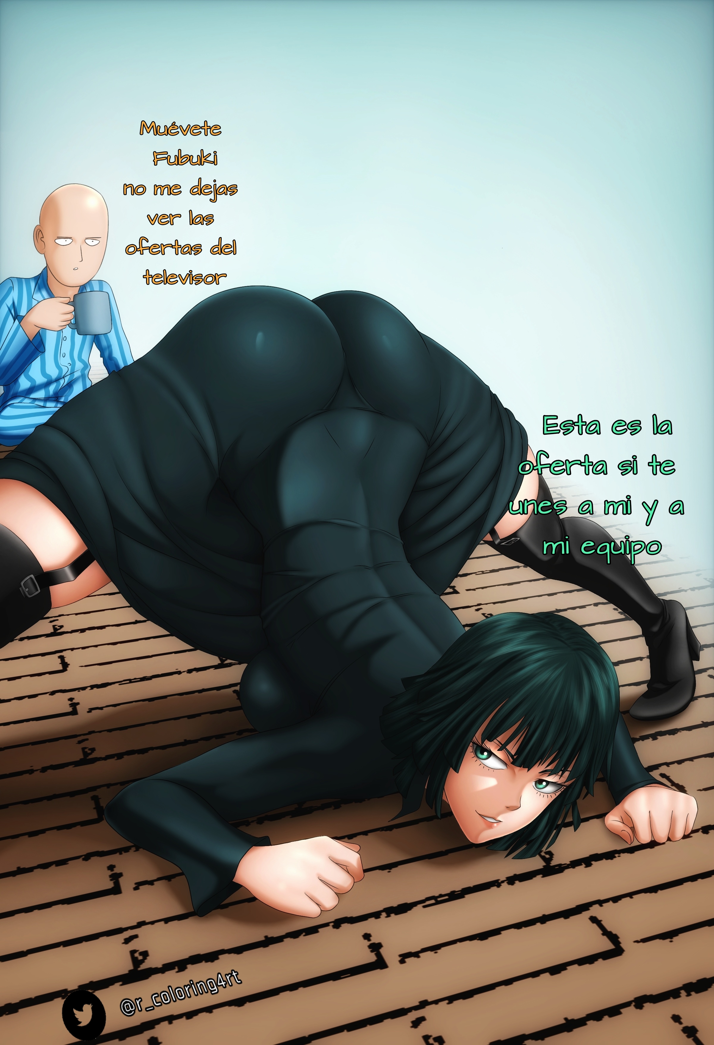 ass, ass in dress, english text, face down ass up, female, fubuki (one-punch man), green eyes, green hair, huge ass, jack-o pose, jackochallenge, one-punch man, rcolorsex, saitama, spanish text, text, translated