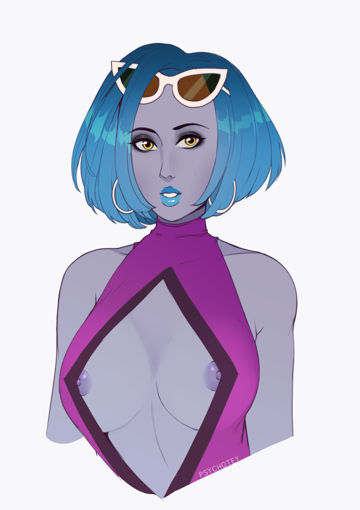 1girls 2020 blue_hair blue_lipstick bob_cut bust discko_widowmaker eyewear_on_head hoop_earrings nipple_slip nipples overwatch psychotey purple_eyes purple_nipples sunglasses sunglasses_on_head widowmaker yellow_eyes