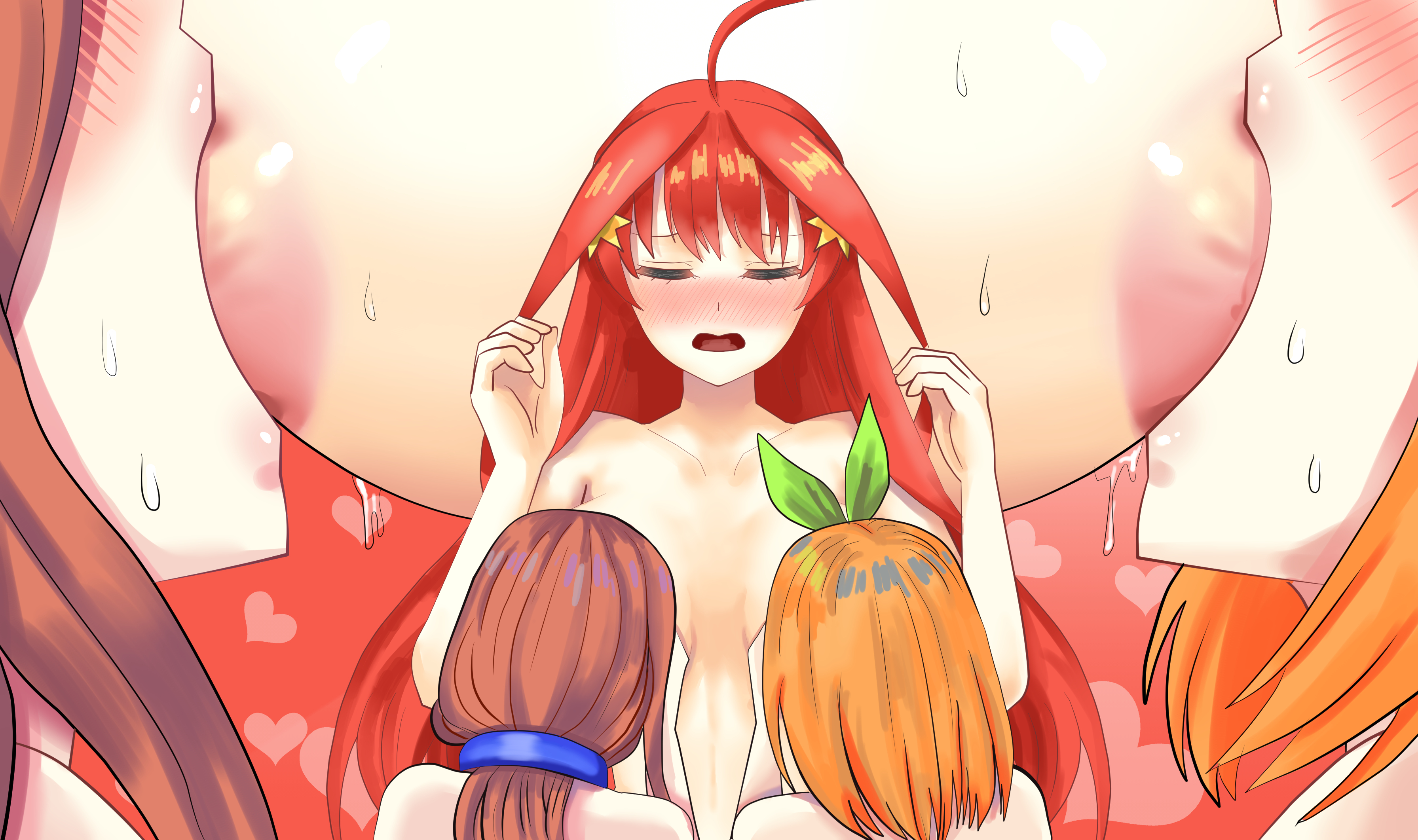 3girls, ahoge, areolae, blush, breast sucking, breasts, brown hair, close-up, closed eyes, completely nude, family sex, female, fff threesome, go-toubun no hanayome, green ribbons, hair, hair ribbon, hairpin, headphones, incest, lesbian sex, light skin, light-skinned female, long hair, moaning, multiple females, multiple girls, nakano itsuki, nakano miku, nakano yotsuba, naked, nude, nude female, open mouth, oral, oral sex, paipan, pale skin, pale-skinned female, puffy areola, red hair, ribbon, seking, shoulder length hair, siblings, sisters, star (symbol), star hair ornament, sweat, sweatdrop, sweating, tagme, teamwork, threesome, triplets, twincest, yuri