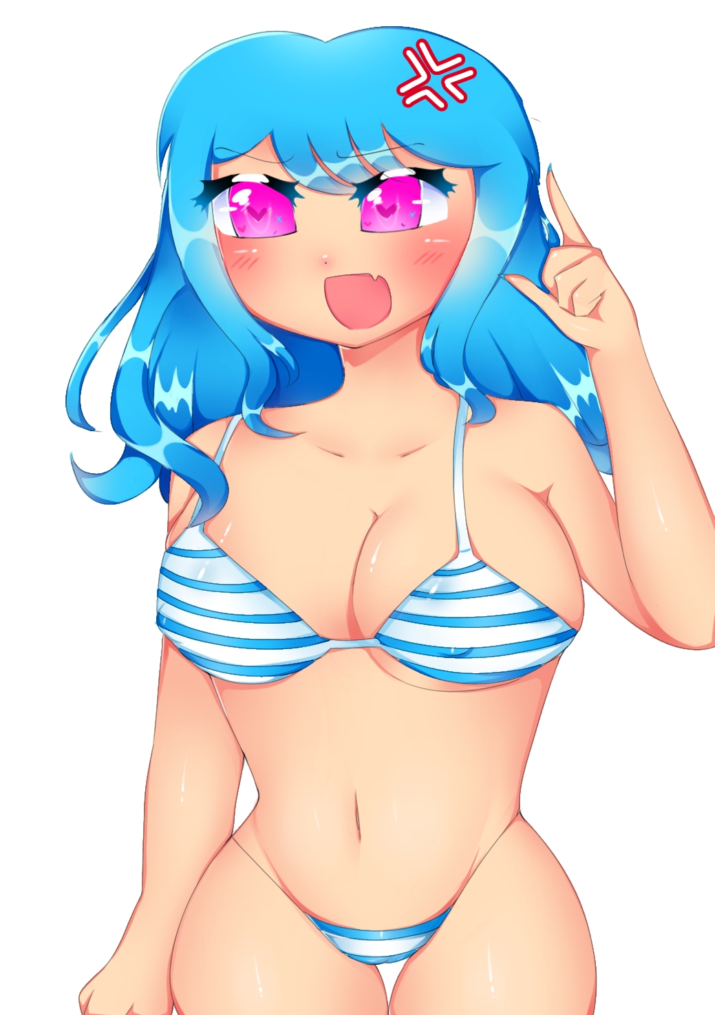 angry, bikini, blue hair, friday night funkin, nipple bulge, original sky (friday night funkin), pink eyes, sky, sky (friday night funkin), skyverse