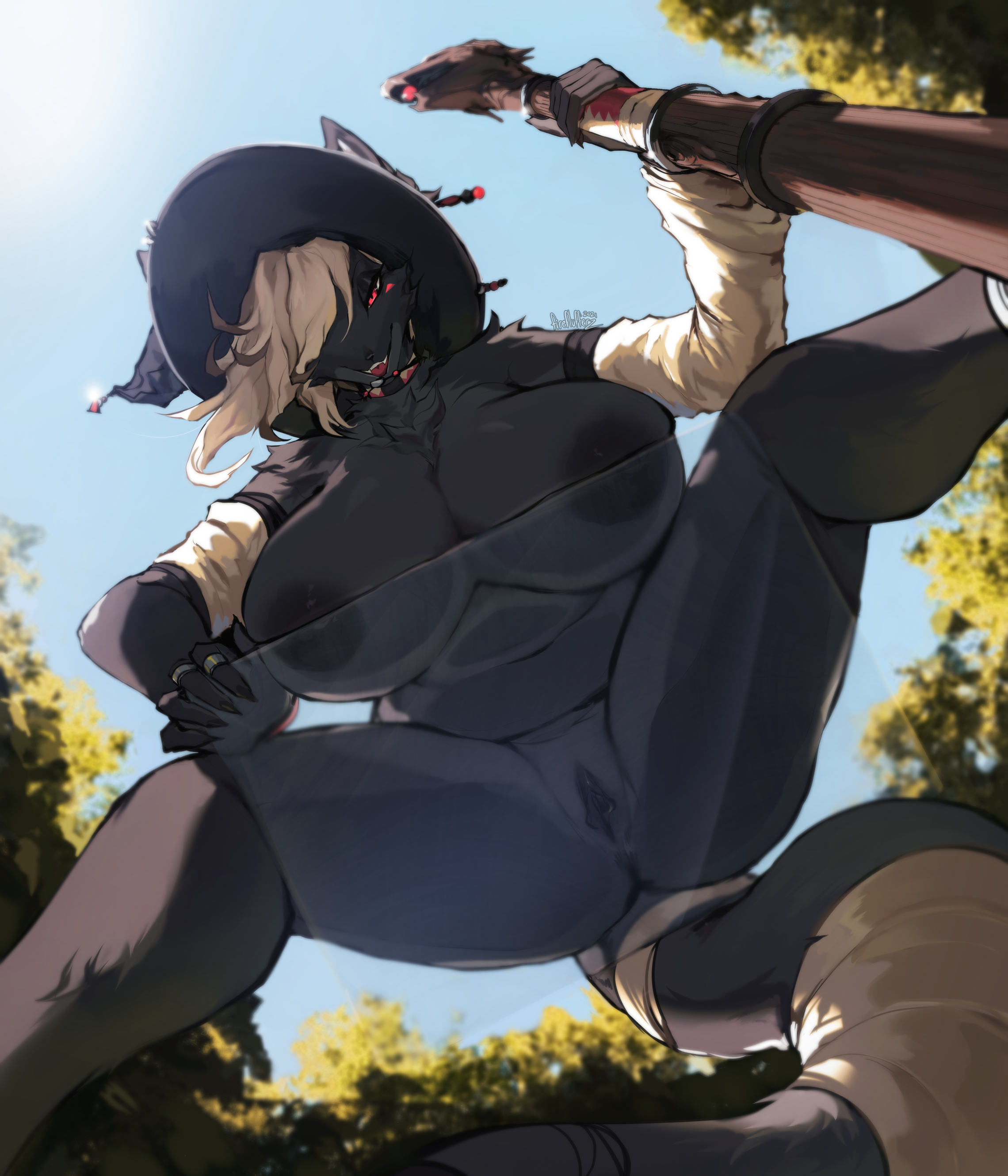 absurd res, against glass, anthro, ass on glass, big breasts, black body, black fur, breast squish, breasts, breasts on glass, canid, canine, canis, clothing, crouching, curvy figure, fangs, female, fireflufferz, fur, genitals, hair, hat, headgear, headwear, hi res, huge breasts, looking at viewer, low-angle view, magic, magic user, mammal, nude, on glass, perspective, pussy, red eyes, ring, ring (jewelry), smile, spread legs, spreading, squish, staff, thick thighs, thighs on glass, tongue, voluptuous, white hair, wide hips, witch hat, wolf