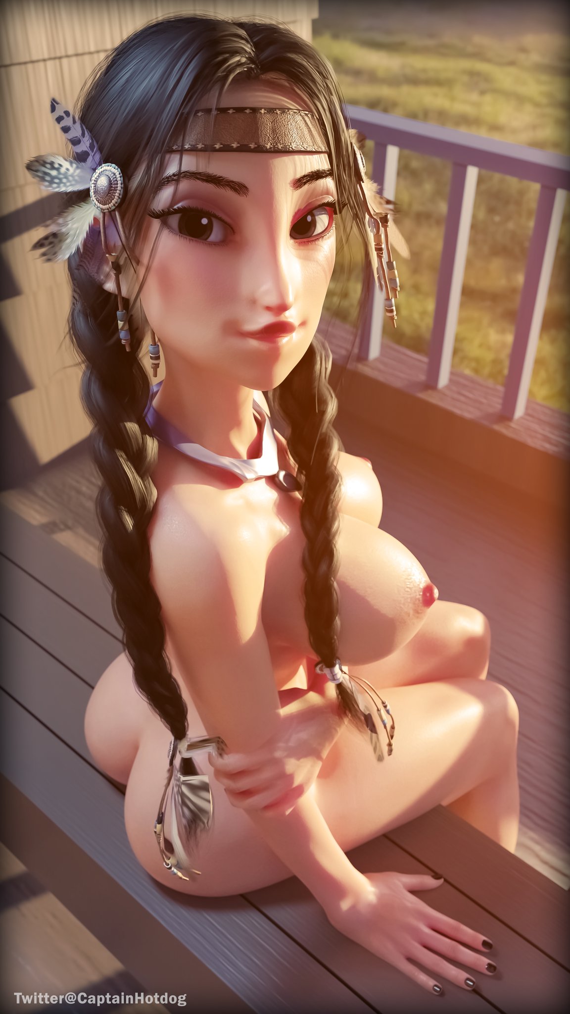 1girls, 3d, areolae, ass, big breasts, black hair, braid, braided hair, braided ponytail, breasts, captain hotdog, disney, disney princess, female, female focus, female only, hair ornament, hair ribbon, headband, huge breasts, lips, looking at viewer, nail polish, naked, native american, necklace, nipples, nude, nude female, pocahontas, pocahontas (character), ponytail, simple background, sitting, solo, solo female, solo focus, thick thighs, wide hips