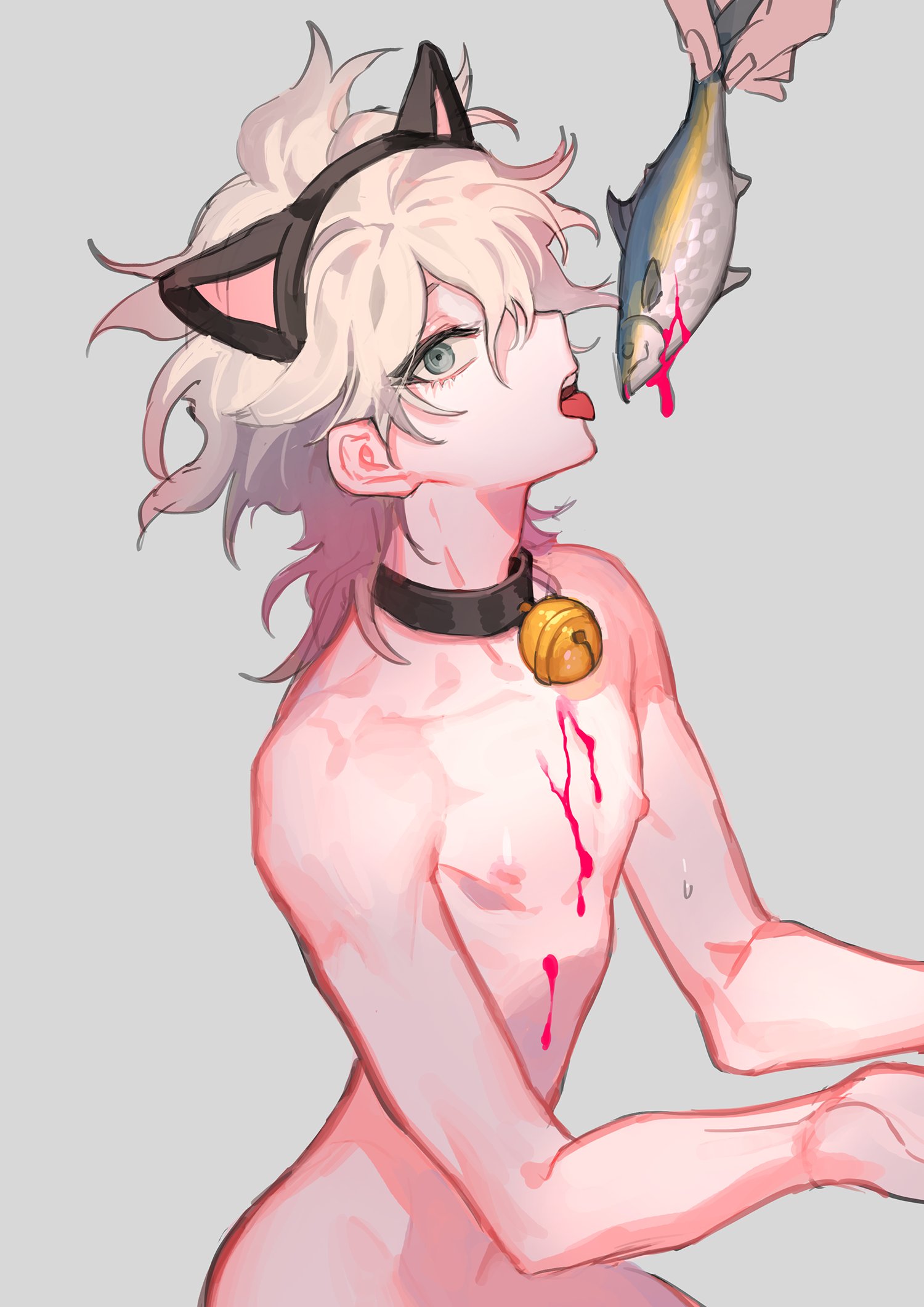 1boy, bell, bell collar, blood, blue eyes, cat ears, collar, danganronpa, danganronpa 2: goodbye despair, femboy, fish, fluffy hair, grey background, looking at viewer, male, male focus, male only, messy hair, nagito komaeda, nude, nude male, sin dangan, solo, solo focus, straight hair, tongue, tongue out, white hair