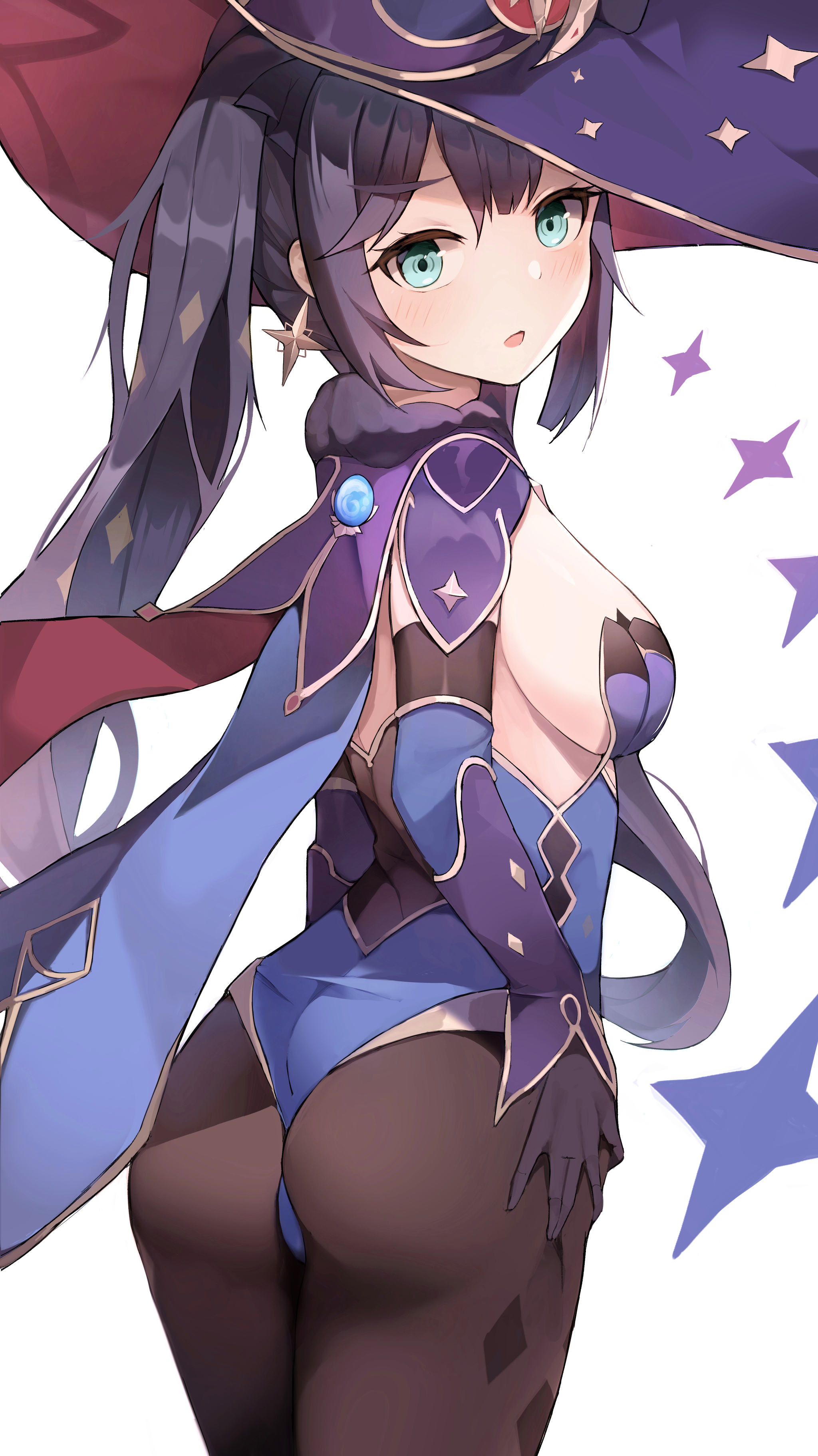 ass, breasts, cape, detached sleeves, elbow gloves, female, from behind, genshin impact, gloves, green eyes, hair ornament, hair ribbon, hat, leotard, long hair, looking at viewer, medium breasts, mona (genshin impact), open mouth, pantyhose, purple hair, shiny, shiny hair, shiny skin, sideboob, solo, t-3, twintails, very long hair