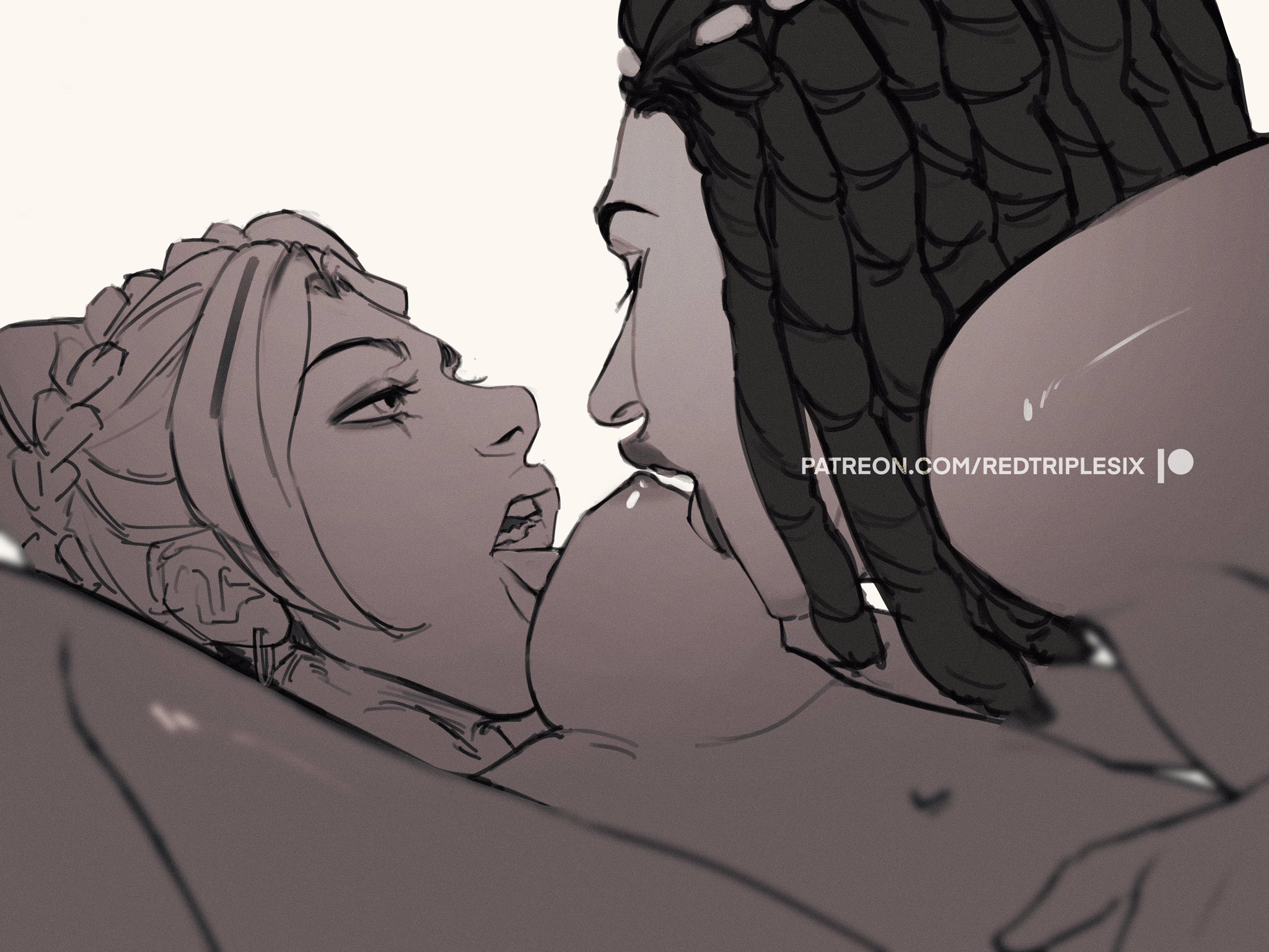 2girls, braided hair, breasts, dreadlocks, ermes costello, female, fingering, hi res, jojo's bizarre adventure, jolyne kujo, lesbian, licking, licking breast, lipstick, looking at partner, monochrome, open eyes, open mouth, patreon username, redtriplesix, shaded, spread legs, stone ocean, tongue, white background, yuri