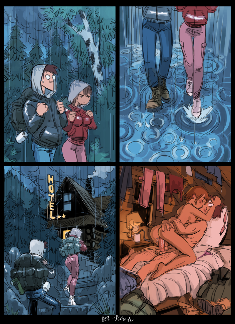 1boy, 1girls, annoyed, areolae, ass, au (artist), backpack, bed, blush, boli-blog, breasts, brown hair, closed eyes, comic, cowgirl position, embrace, female, glasses, glasses on head, hairy, hairy legs, hairy male, hand in hair, hand on ass, holding hair, hoodie, hotel, kissing, male, nipples, nude, outside, pussy, rain, sex, straight, vaginal penetration, wet clothes, wholesome