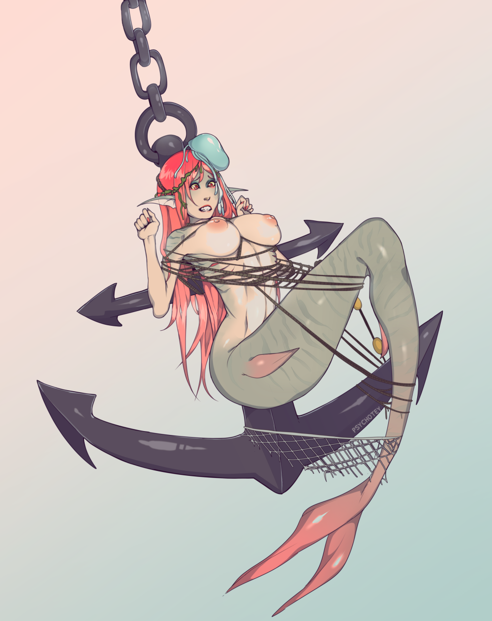 1girls 2020 anchor big_breasts bondage breasts female green_skin grey_skin jellyfish mermaid net original_character pink_hair pink_skin psychotey red_eyes rope rope_bondage sharp_teeth solo_female