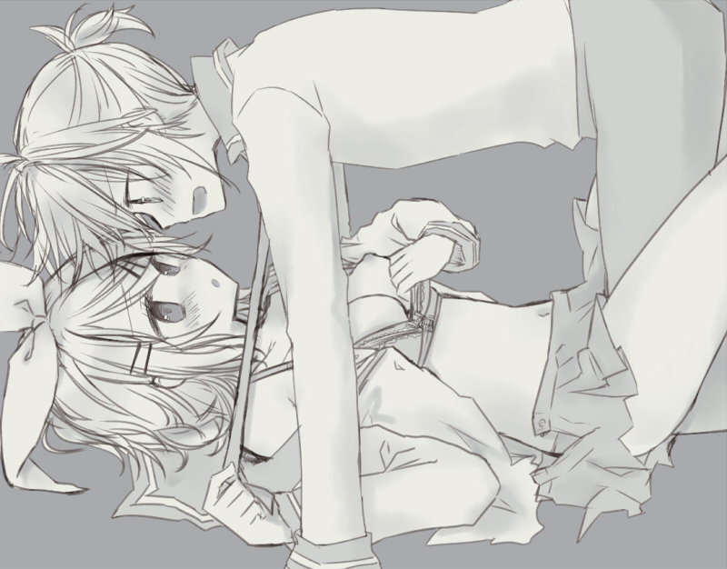 1boy, 1girls, blonde hair, blue eyes, breasts, clothing, coco0x0, female, kagamine len, kagamine rin, male, nipples, panties, pinned down, pinning down, skirt, small breasts, taking clothes off, vocaloid