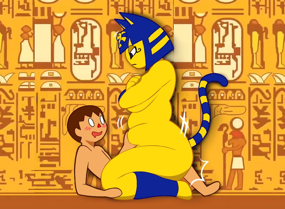 animal crossing, ankha, ankha ride (minus8), anthro, belly, belly grab, chubby female, cowgirl position, crossed arms, domestic cat, egyptian, felid, feline, felis, female, from front position, human, larger anthro, larger female, lazorchef, male, male/female, mammal, motion lines, nintendo, on bottom, on top, overweight, overweight anthro, overweight female, sex, size difference, smaller human, smaller male, video games, villager (animal crossing), voluptuous