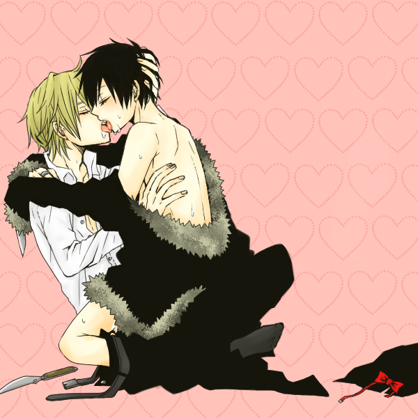 2boys black_hair blonde_hair blush durarara!! eyes_closed gay heiwajima_shizuo hug jacket kissing knife male_only orihara_izaya short_hair yaoi