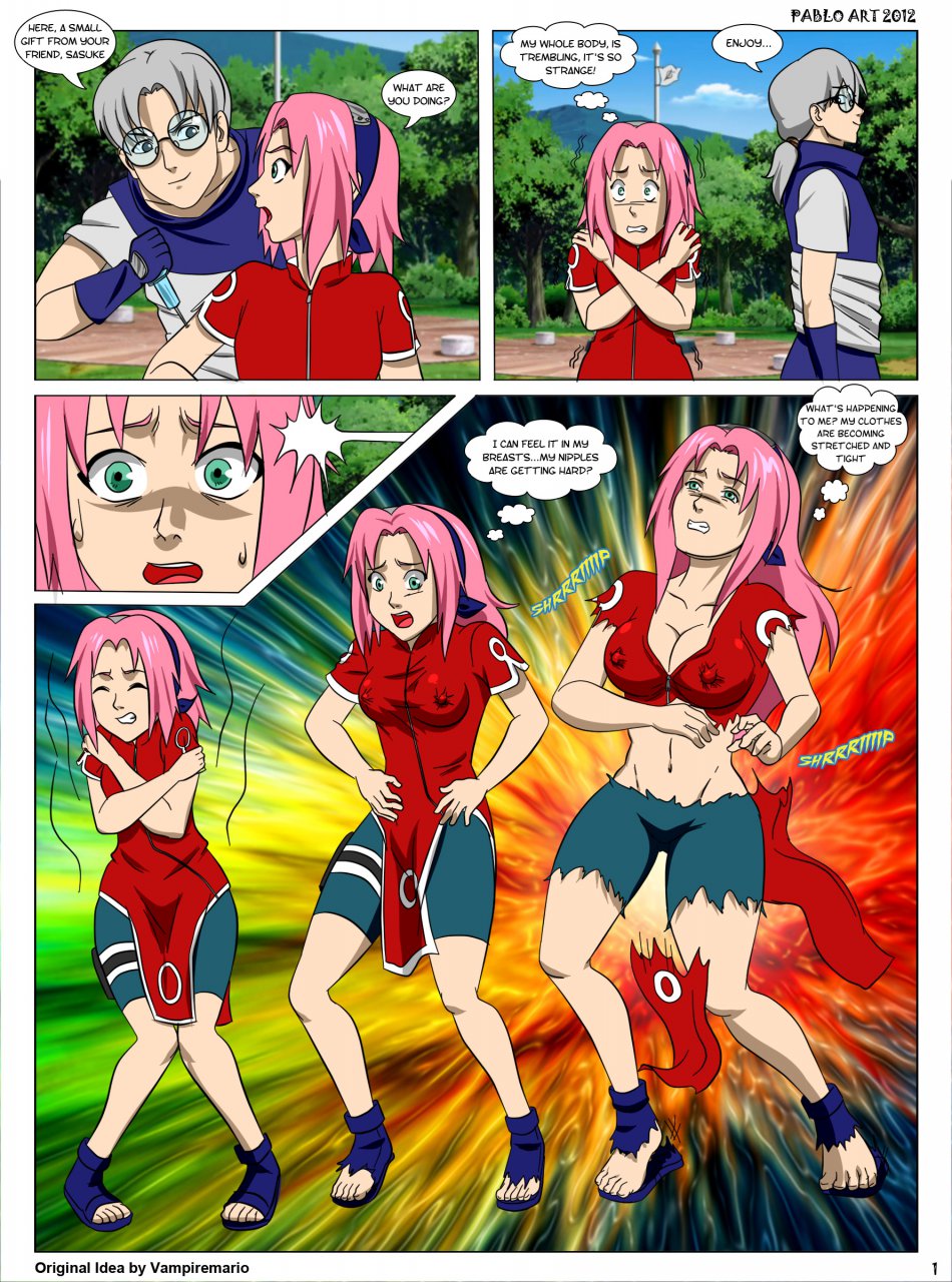 1boy 1girls 2012 age_progression ass big_breasts blush breast_expansion breasts cleavage comic english_text erect_nipples female growth human injection locofuria male naruto nipples page_1 page_number pink_hair sakura_haruno shounen_jump standing syringe text thick_thighs torn_clothes transformation voluptuous wide_hips yakushi_kabuto