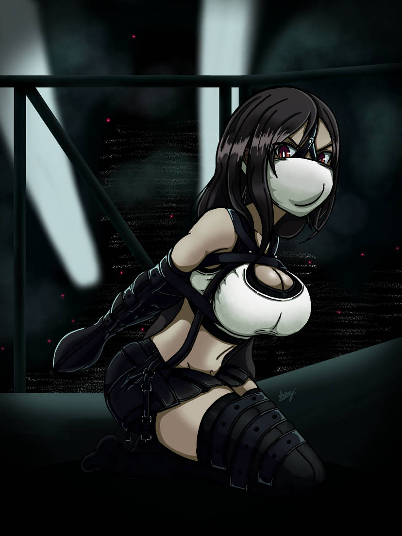 2023 2d 2d_(artwork) amy4105 armbinder arms_behind_back bdsm_gear bondage bondage bondage_gear bound female female_focus female_only final_fantasy final_fantasy_vii gag gagged human light-skinned_female light_skin looking_at_viewer skirt tifa_lockhart