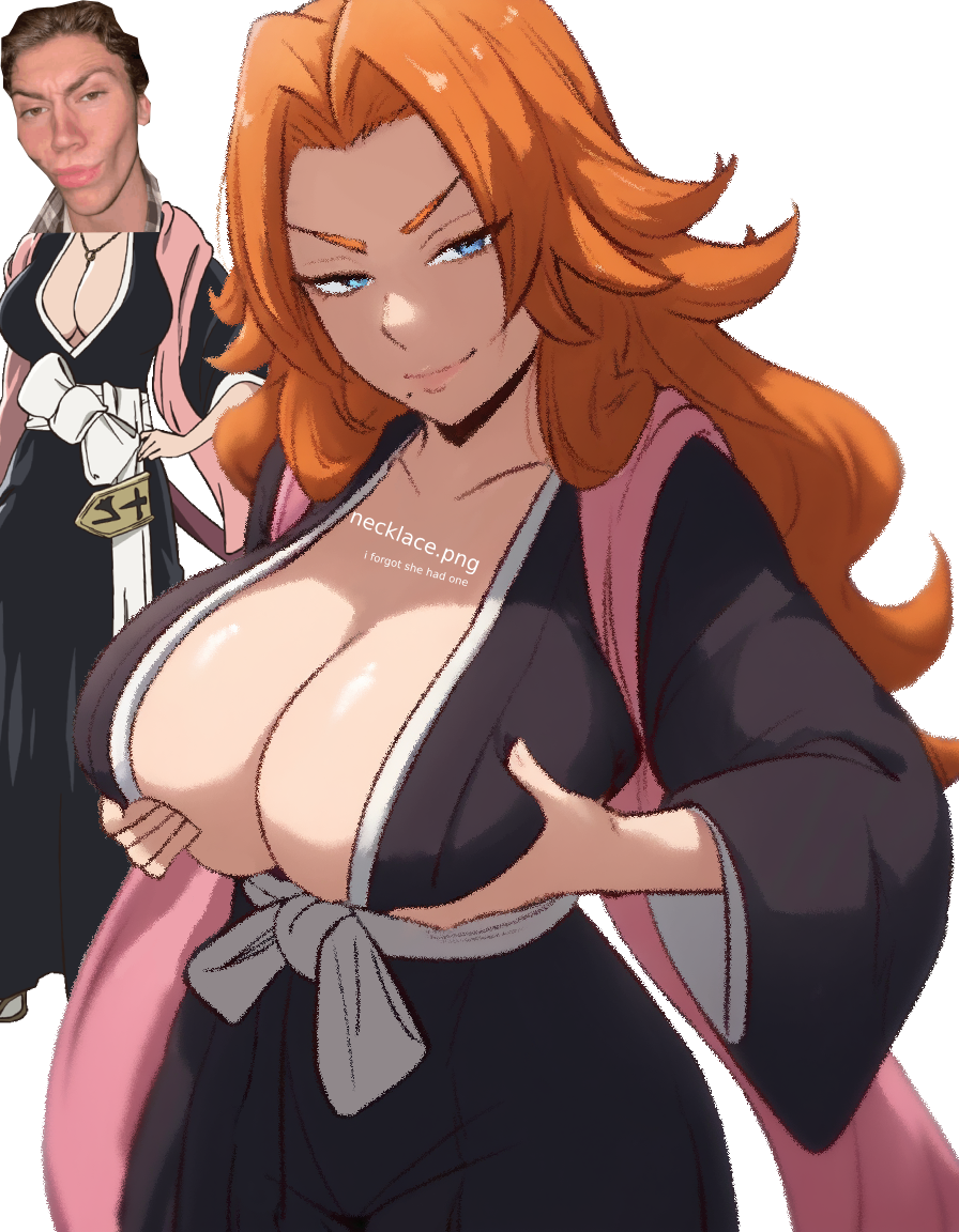 beauty_mark big_breasts black_clothing bleach blue_eyes cleavage clothed fingerontheejectbutton ginger_hair holding_breast looking_at_viewer matsumoto_rangiku meme meme_face sfw squeezing_breast unfinished wip