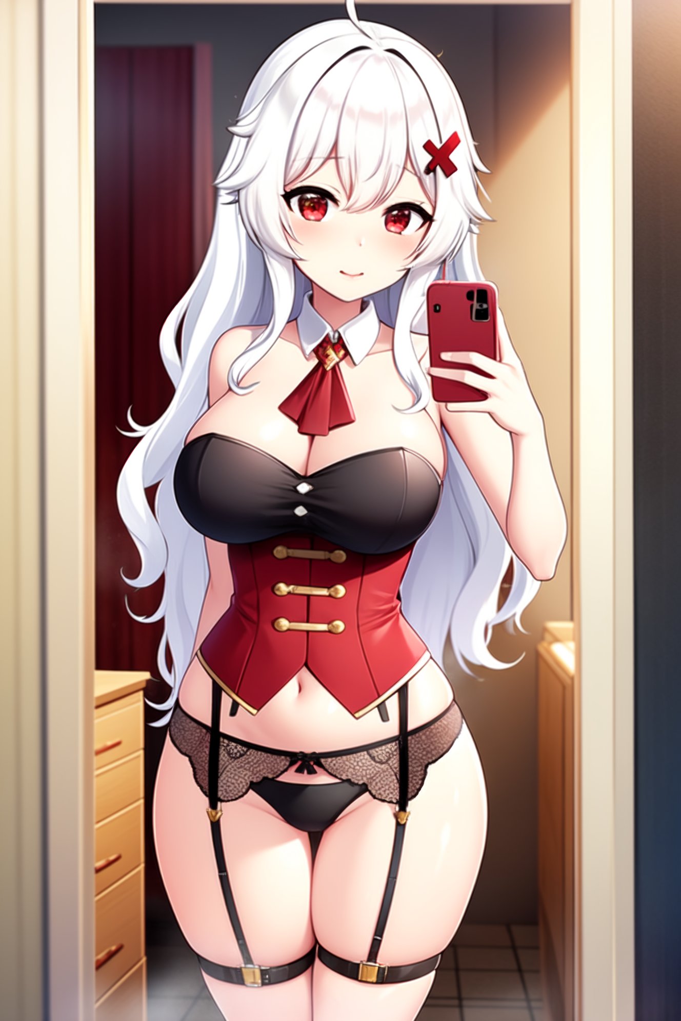 1girls breasts corset curvy_figure erispheria female_focus hair_ornament huge_breasts leotard long_hair panties red_eyes revealing_clothes selfie twitch vtuber white_hair wide_hips youtube youtube_hispanic