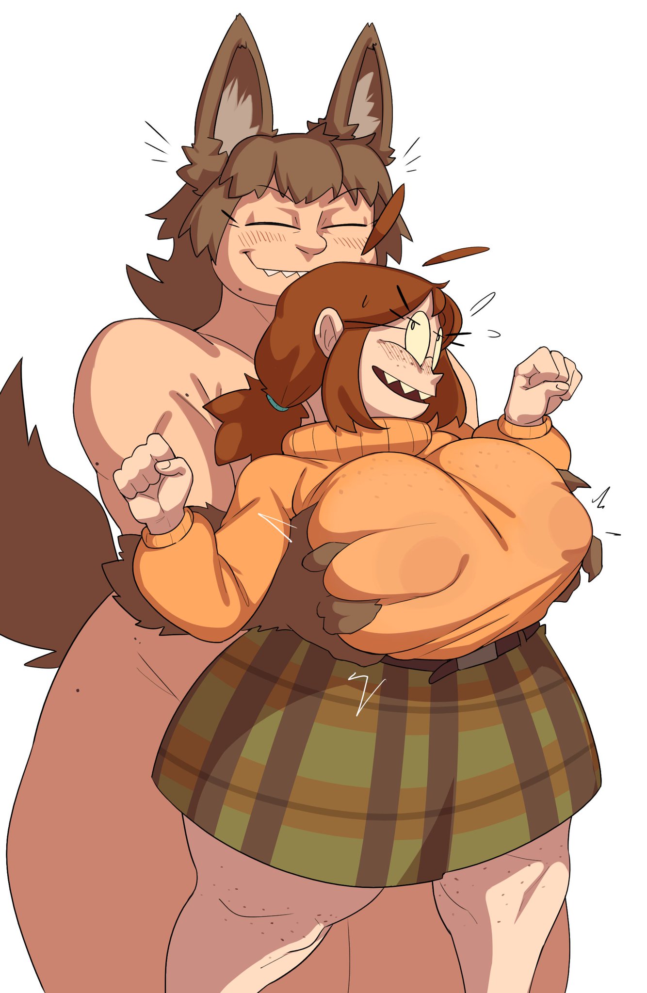 2girls big_ass big_breasts brown_hair freckles groping groping_breasts groping_from_behind hi_res kotya_pryanichkina kryadrawgin sharp_teeth smiling taller_girl wolf_ears wolf_tail