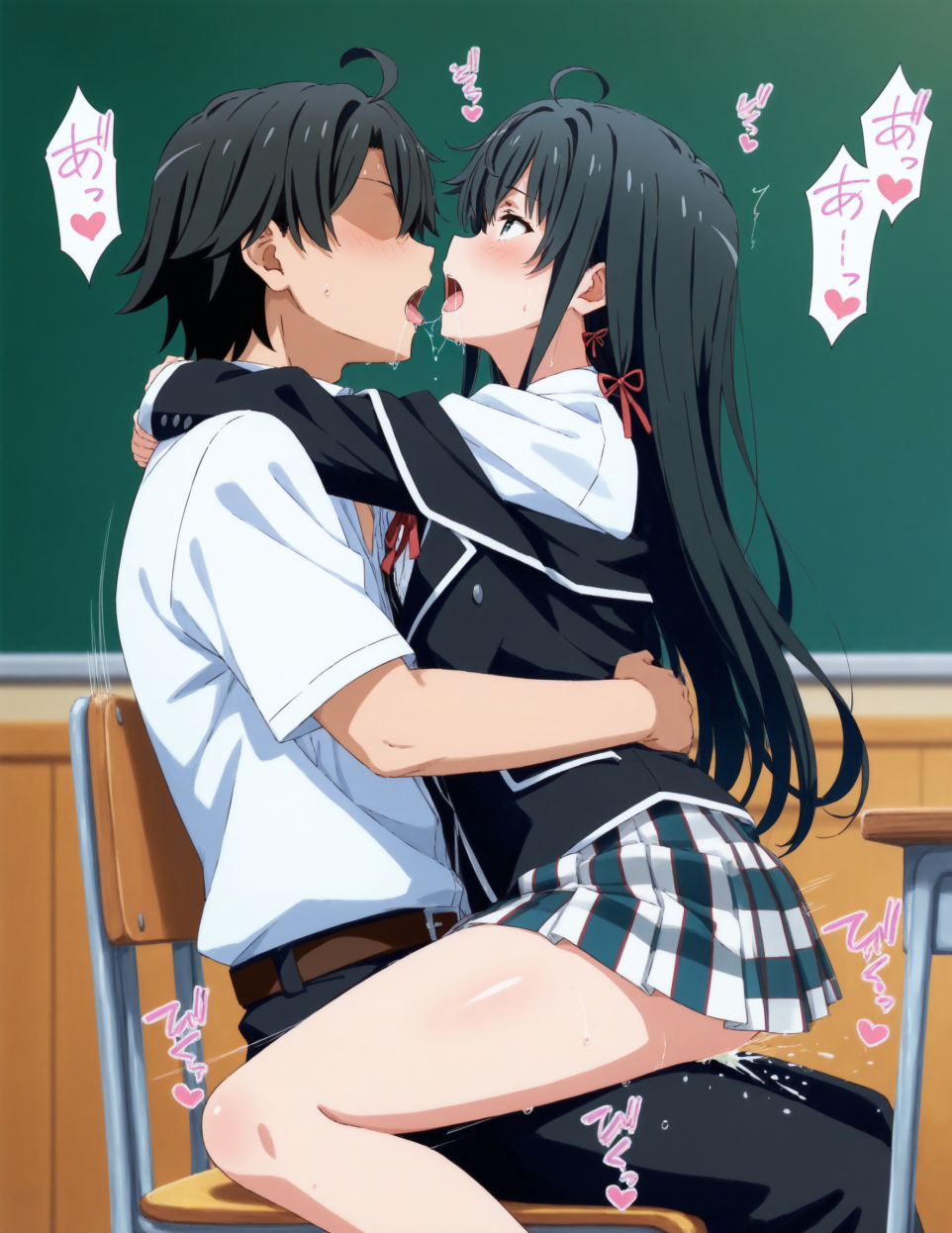 ahe_gao ai_generated ambiguous_penetration black_hair blue_eyes classroom cum cum_inside hikigaya_hachiman hug my_teen_romantic_comedy_snafu yukinoshita_yukino