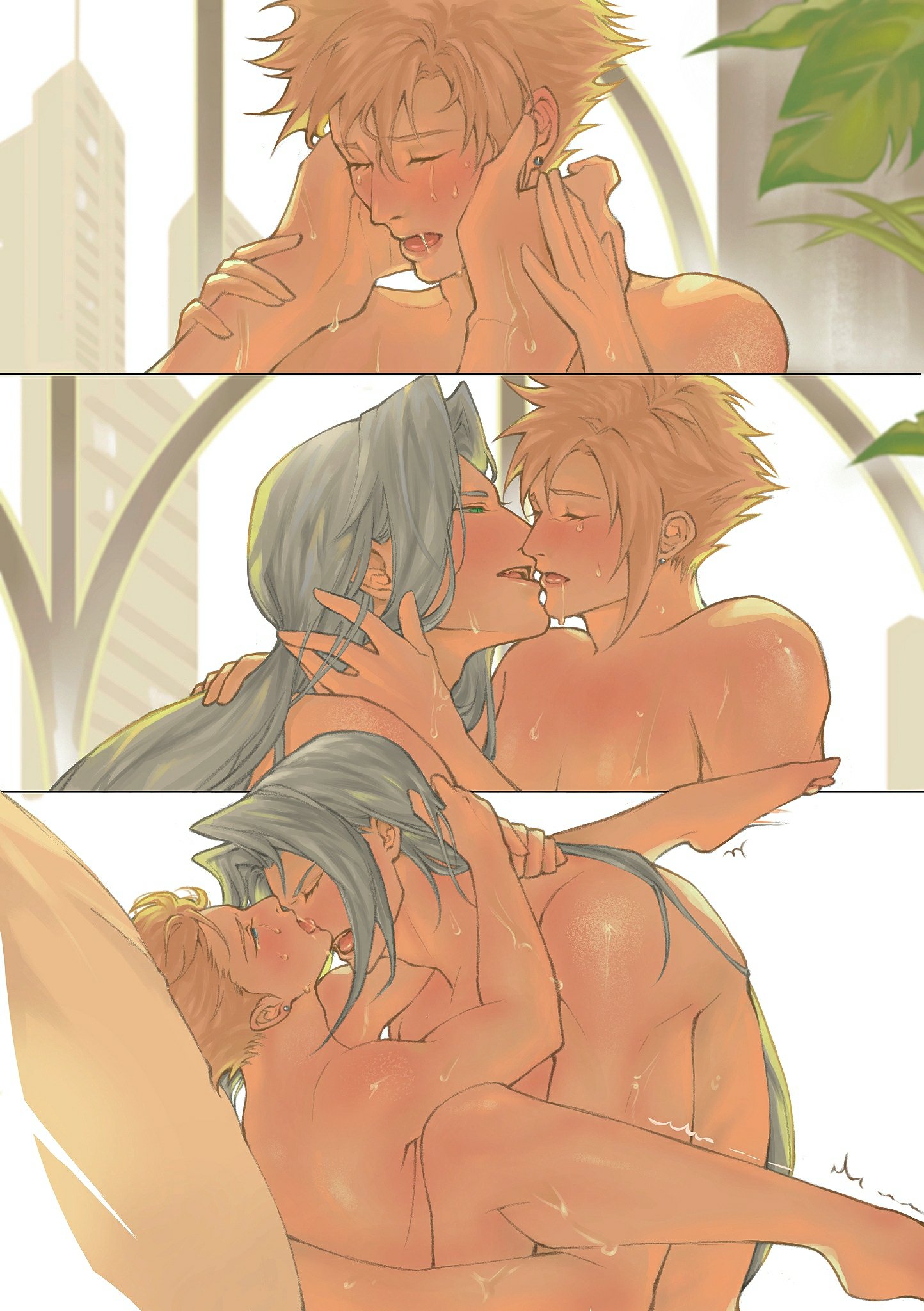 2boys, blonde hair, blush, closed eyes, cloud strife, color, drooling, felsparks, femboy, final fantasy, final fantasy vii, gay, gay sex, half-closed eyes, long hair, male, male only, male/male, mating press, motion lines, naked, nude, on back, on bed, open mouth, sephiroth, sex, silver hair, size difference, spiky hair, sweat, tagme, twink, window, yaoi
